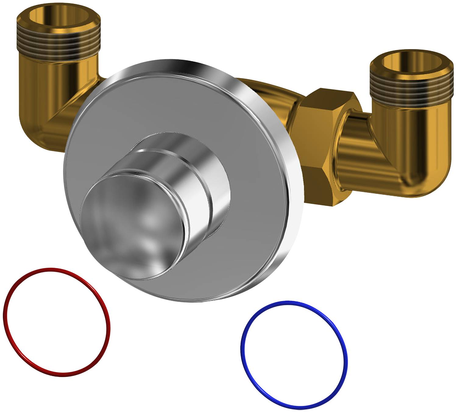 Ein Chrom- und Messingwasserhahn mit zwei Anschlüssen auf schwarzem Hintergrund, begleitet von einem roten Ring links und einem blauen Ring rechts.