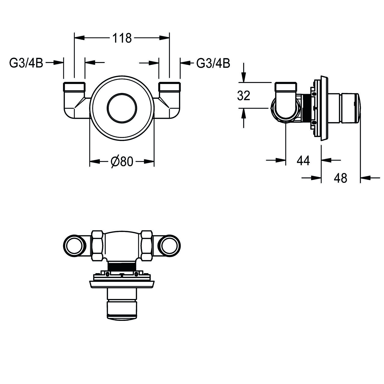 Technische Zeichnung eines Ventils mit Maßen: Durchmesser 80 mm, Breite oben 118 mm, Seitenlänge 48 mm. Enthält Anschlussdetails für G3/4B.