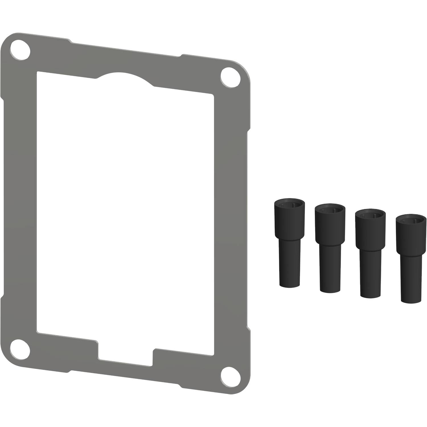 Ein 3D-Modell eines rechteckigen Metallhalters mit vier runden Befestigungslöchern, daneben vier zylindrische Schrauben auf einem schwarzen Hintergrund.