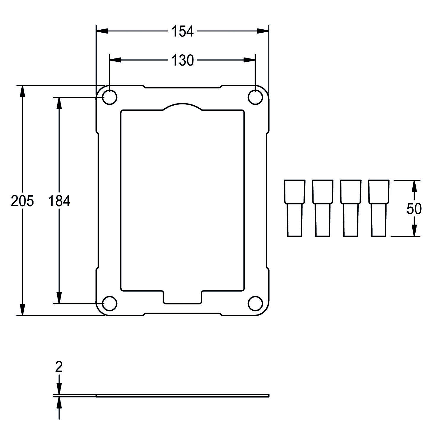 Eine technische Zeichnung, die ein rechteckiges Gerät mit Maßen zeigt: außen 205x154 mm, innen 184x130 mm, Tiefe 2 mm, Stifte 50 mm.