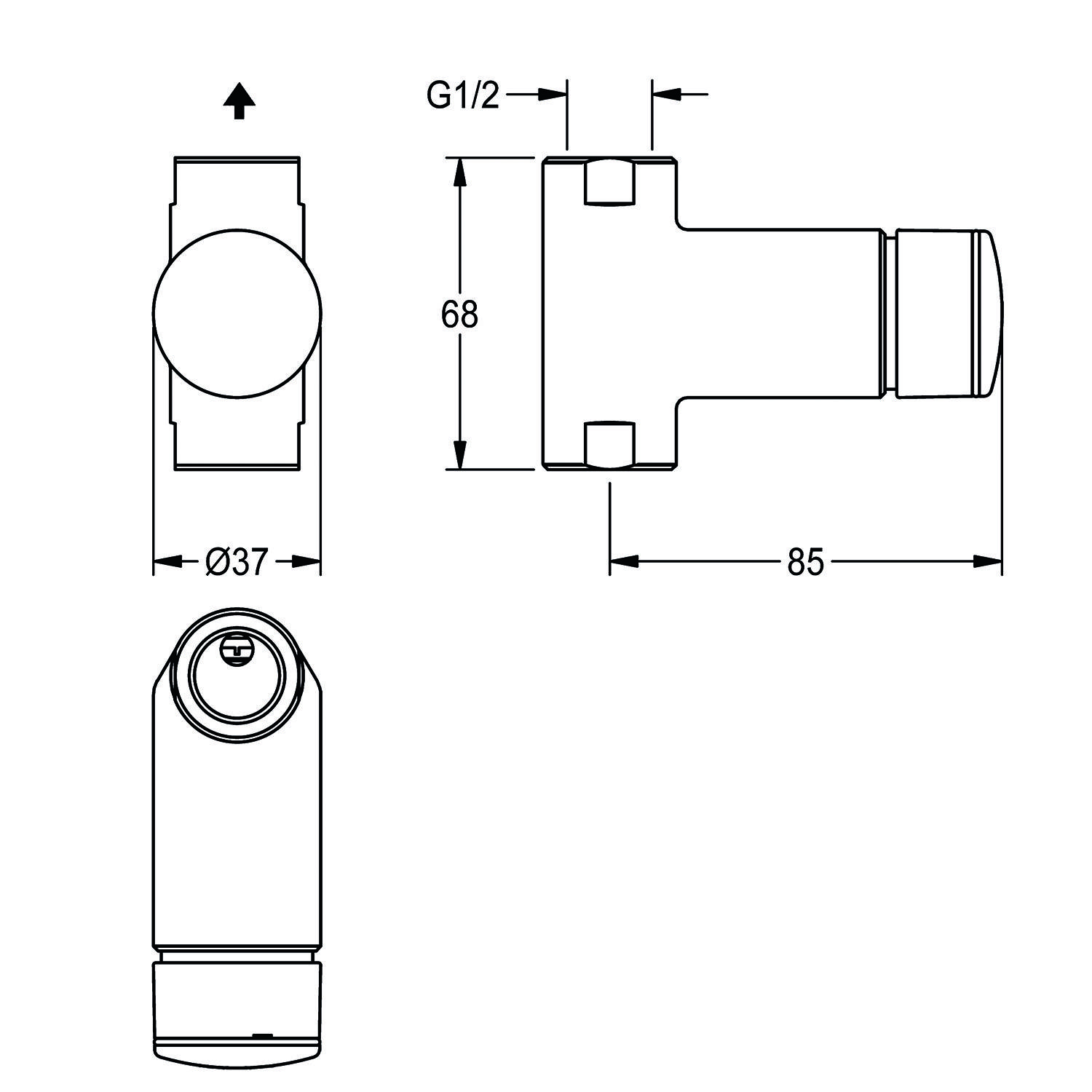 Technische Zeichnung eines zylindrischen Ventilverbinders. Schlüsselmessungen: 68 mm Höhe, 85 mm Breite, 37 mm Durchmesser, G1/2 Anschluss.