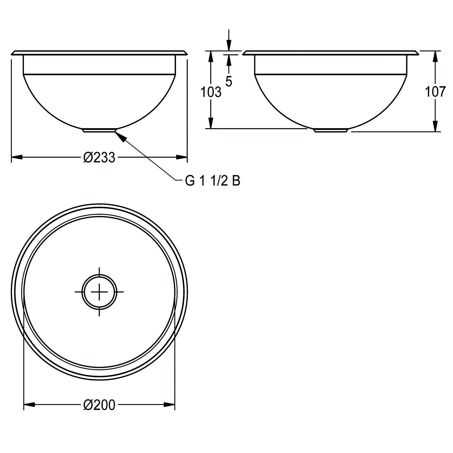 Technische Zeichnung eines runden Waschbeckens. Draufsicht zeigt einen Durchmesser von 200 mm, Seitenansicht zeigt Abmessungen: 233 mm Durchmesser, 107 mm Höhe.