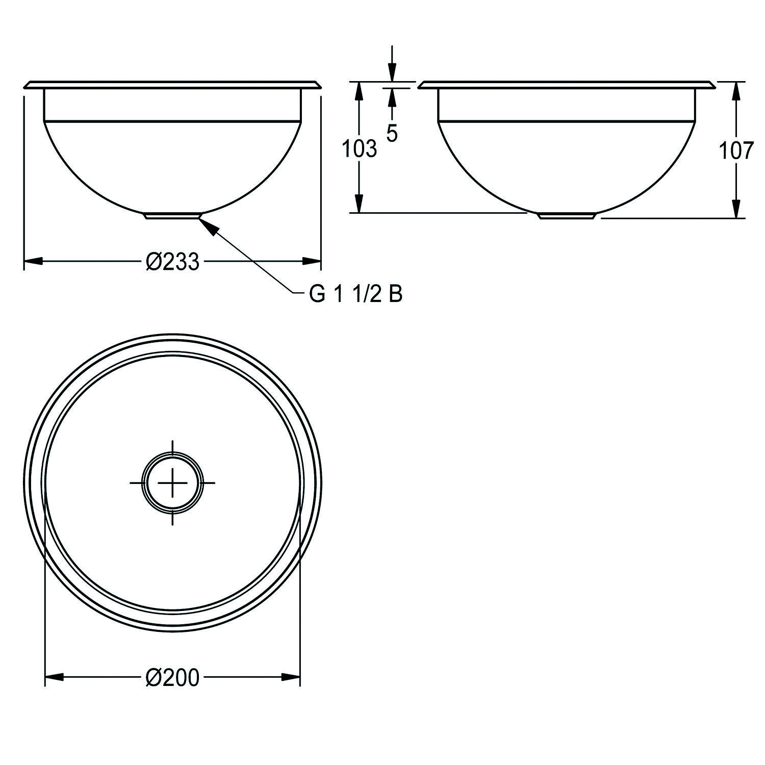 Technische Zeichnung eines kreisförmigen Beckens mit Ansicht von oben und von der Seite. Durchmesser beträgt 233 mm; Tiefe 107 mm. Enthält Maßangaben für Rand und Öffnung.