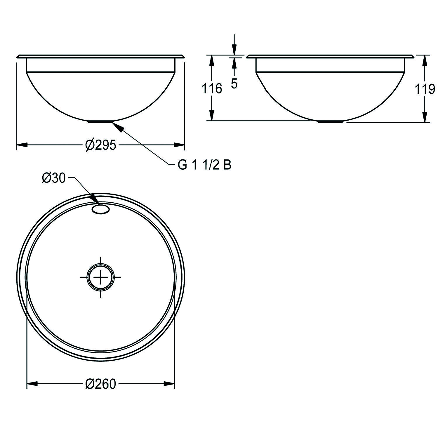 Diagramm eines runden Waschbeckens mit Abmessungen: Durchmesser oben 295 mm, Durchmesser unten 260 mm, Höhe 116 mm, Lochdurchmesser 30 mm.