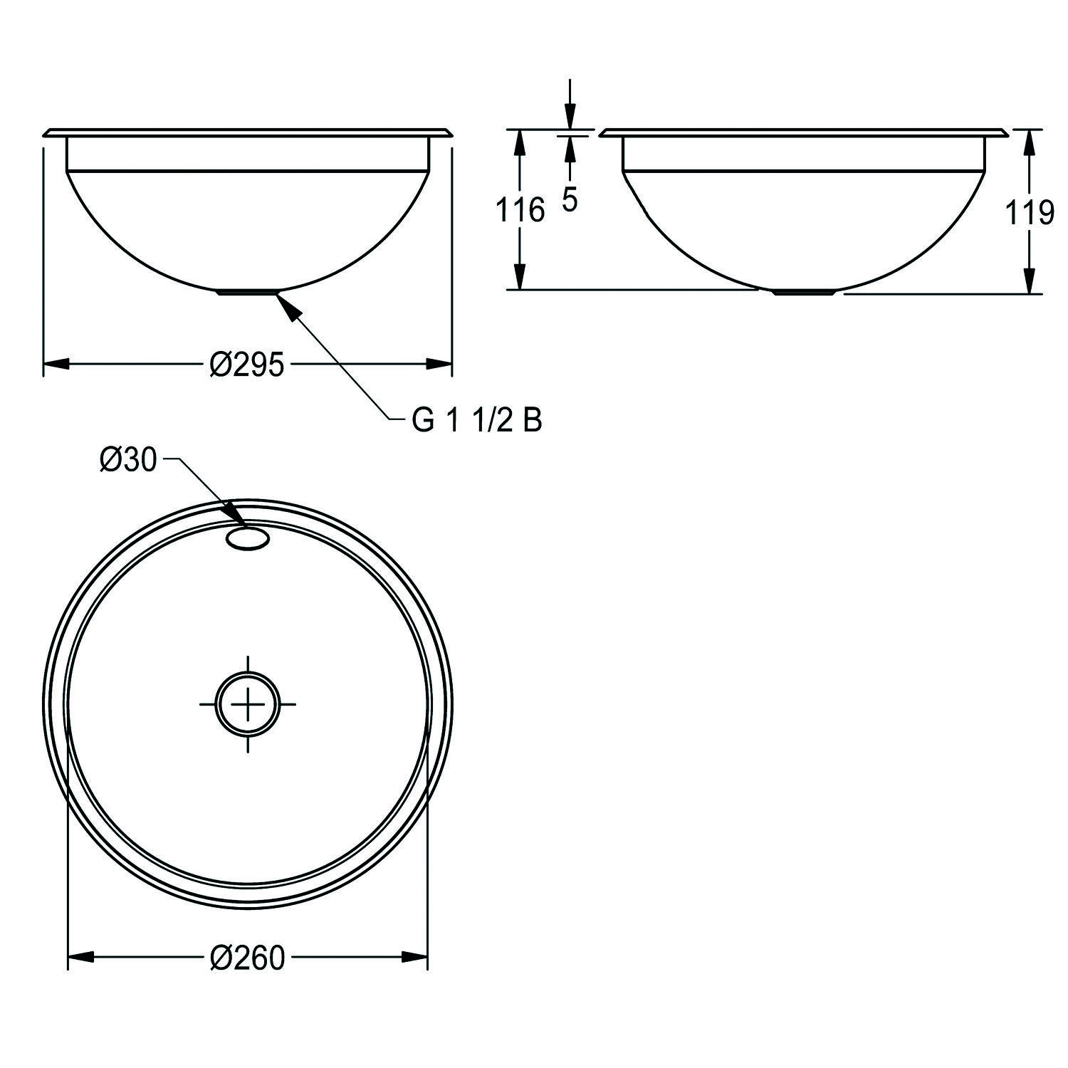Technische Zeichnung eines kreisförmigen Waschbeckens mit Maßen: 295 mm Durchmesser, 116 mm Tiefe, 30 mm Ablauföffnung. Seiten- und Draufsicht enthalten.