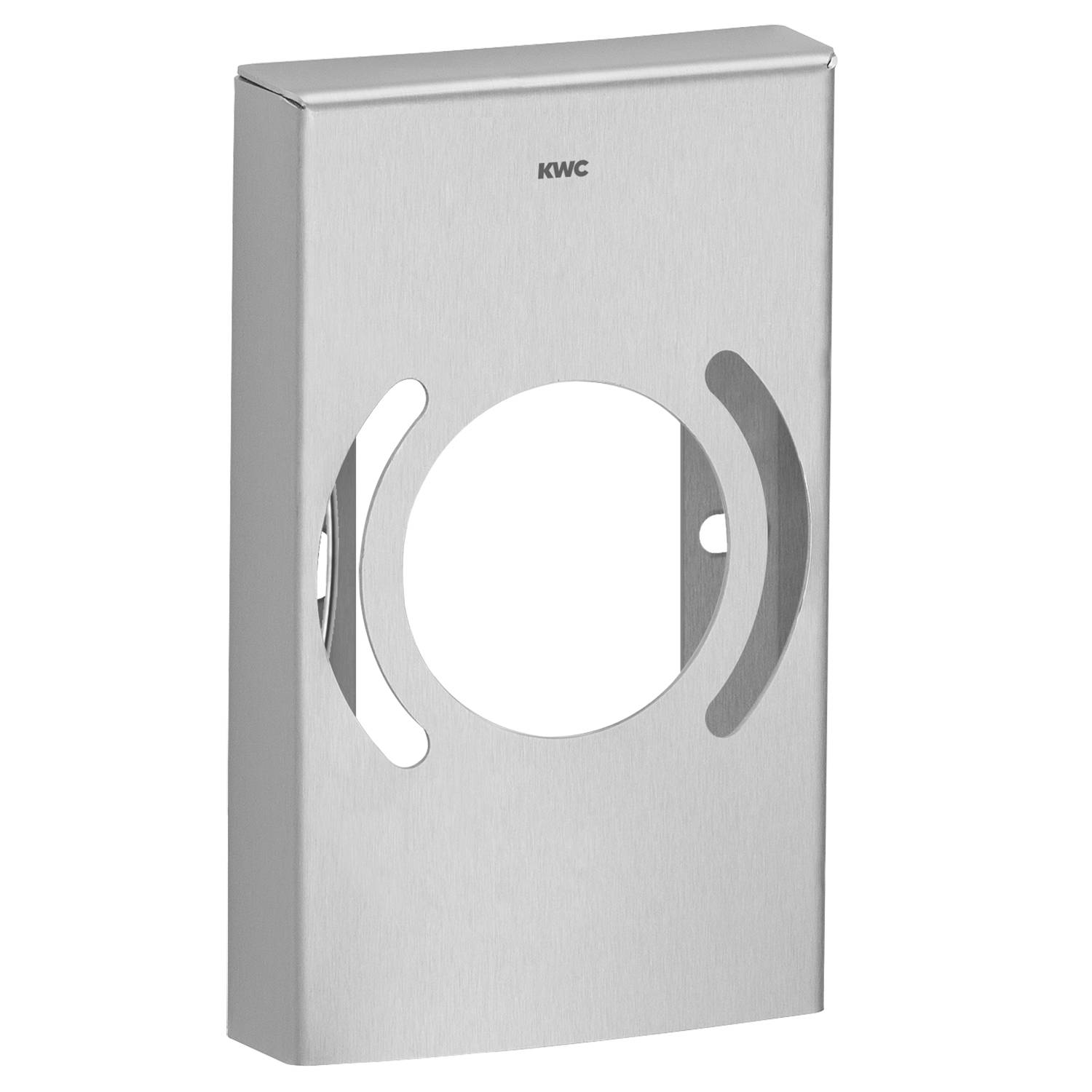 Ein metallischer, wandmontierter Papierhandtuchspender, schlank und rechteckig mit einer kreisförmigen Ausschnittgestaltung, geeignet für öffentliche Toiletten.