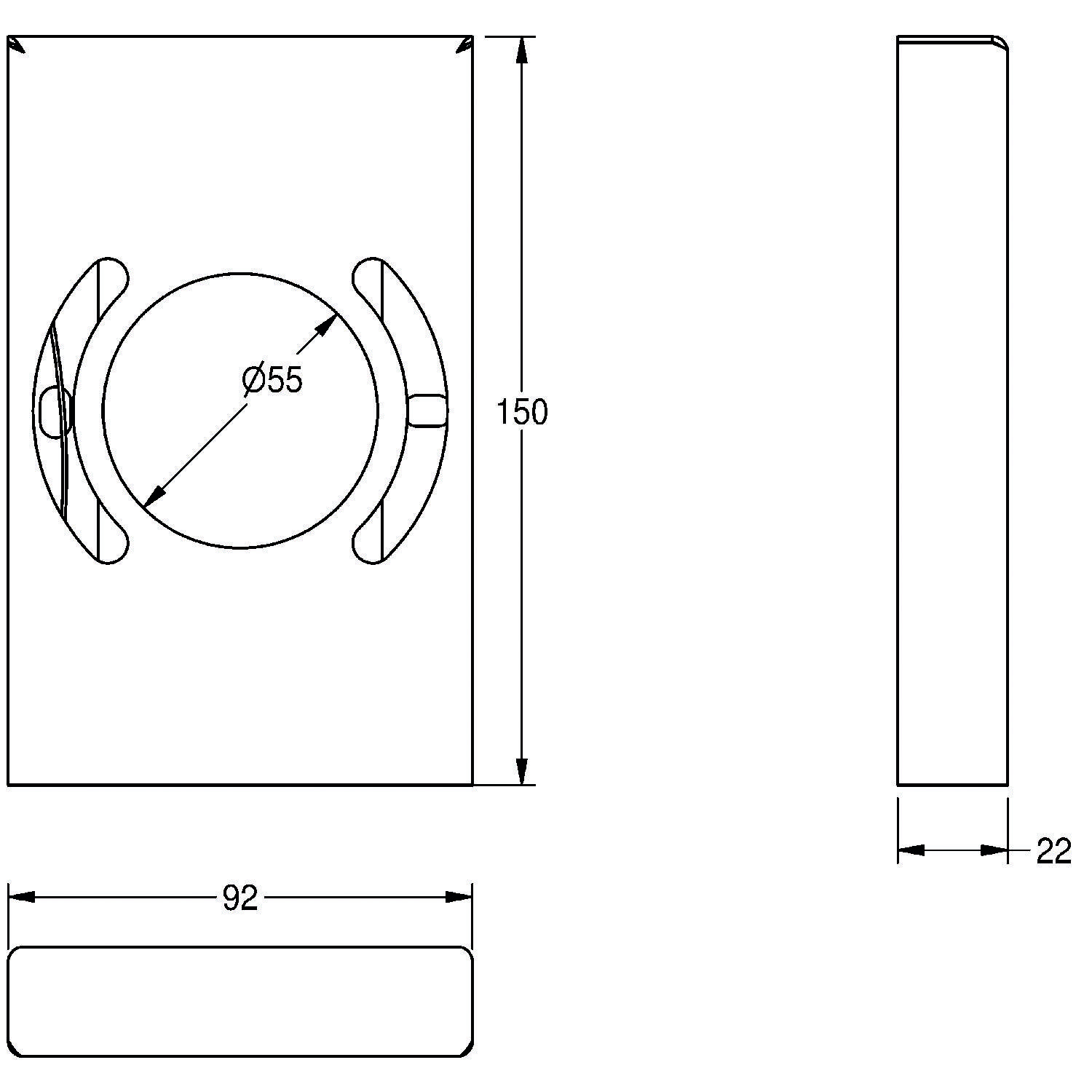 Technische Zeichnung einer Wandhalterung mit Maßangaben: Frontansicht zeigt eine kreisförmige Öffnung mit einem Durchmesser von 55 mm, Gesamthöhe 150 mm und Breite 92 mm; Seitenansicht hat eine Tiefe von 22 mm.