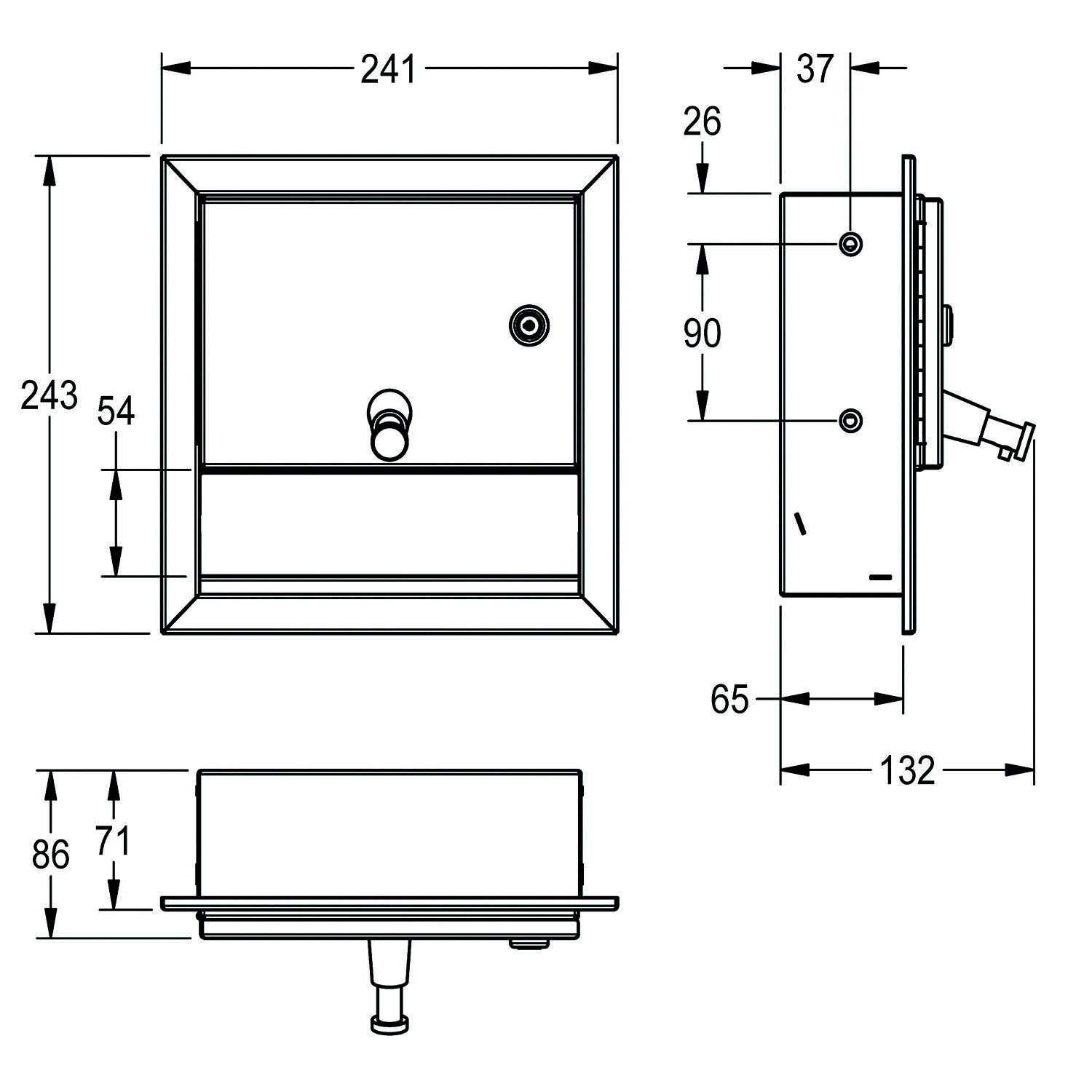 Technische Zeichnung eines quadratischen Waschbeckens mit Abmessungen: 243 mm Höhe, 241 mm Breite. Seitenansichten zeigen eine Tiefe von 132 mm, mit Armaturenloch und Ablauföffnung.