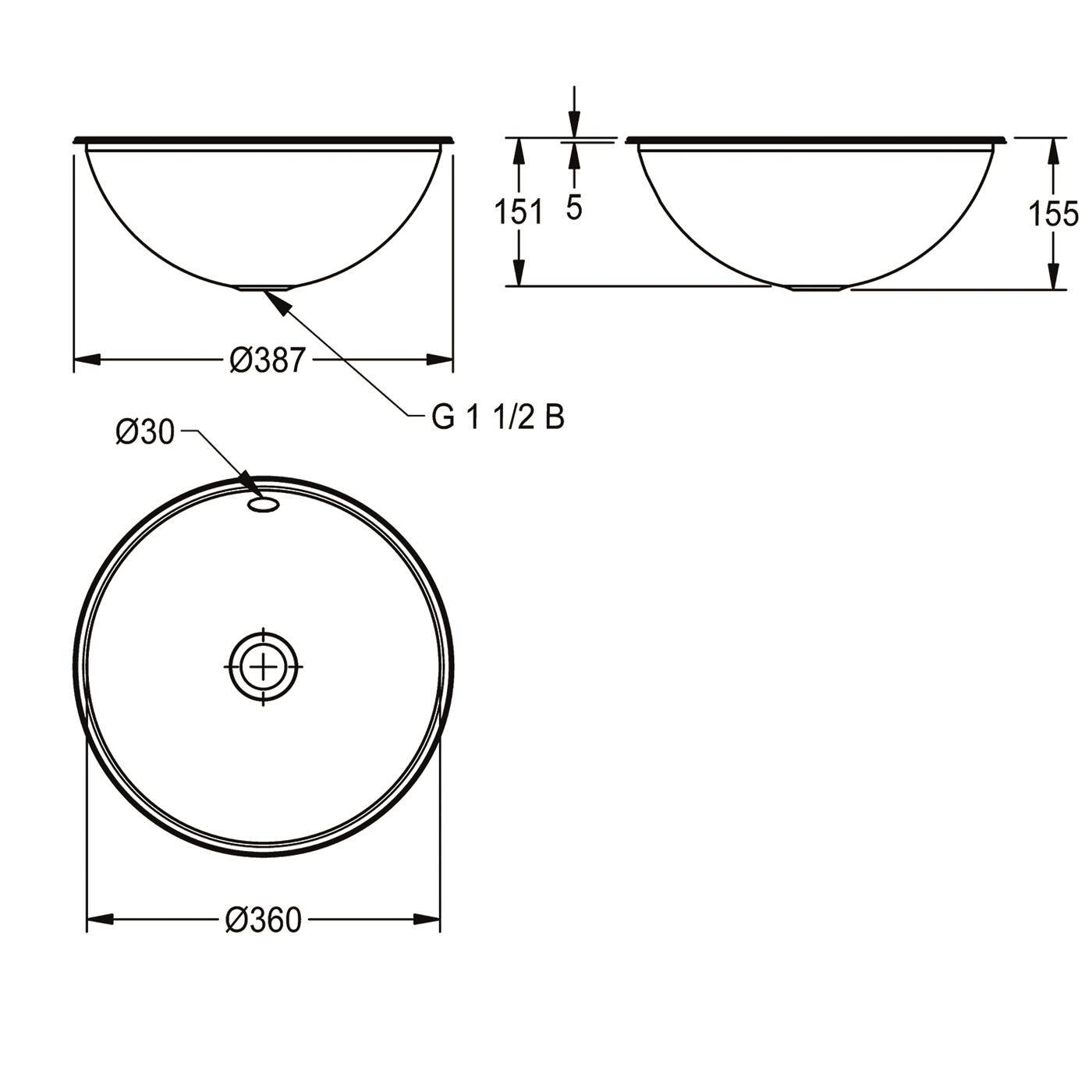 Technische Zeichnung eines runden Beckens mit Abmessungen: 387 mm Durchmesser, 360 mm Draufsicht, 151/155 mm Höhe, 5 mm Rand, 30 mm Öffnung und G 1 1/2 B Ablauf.