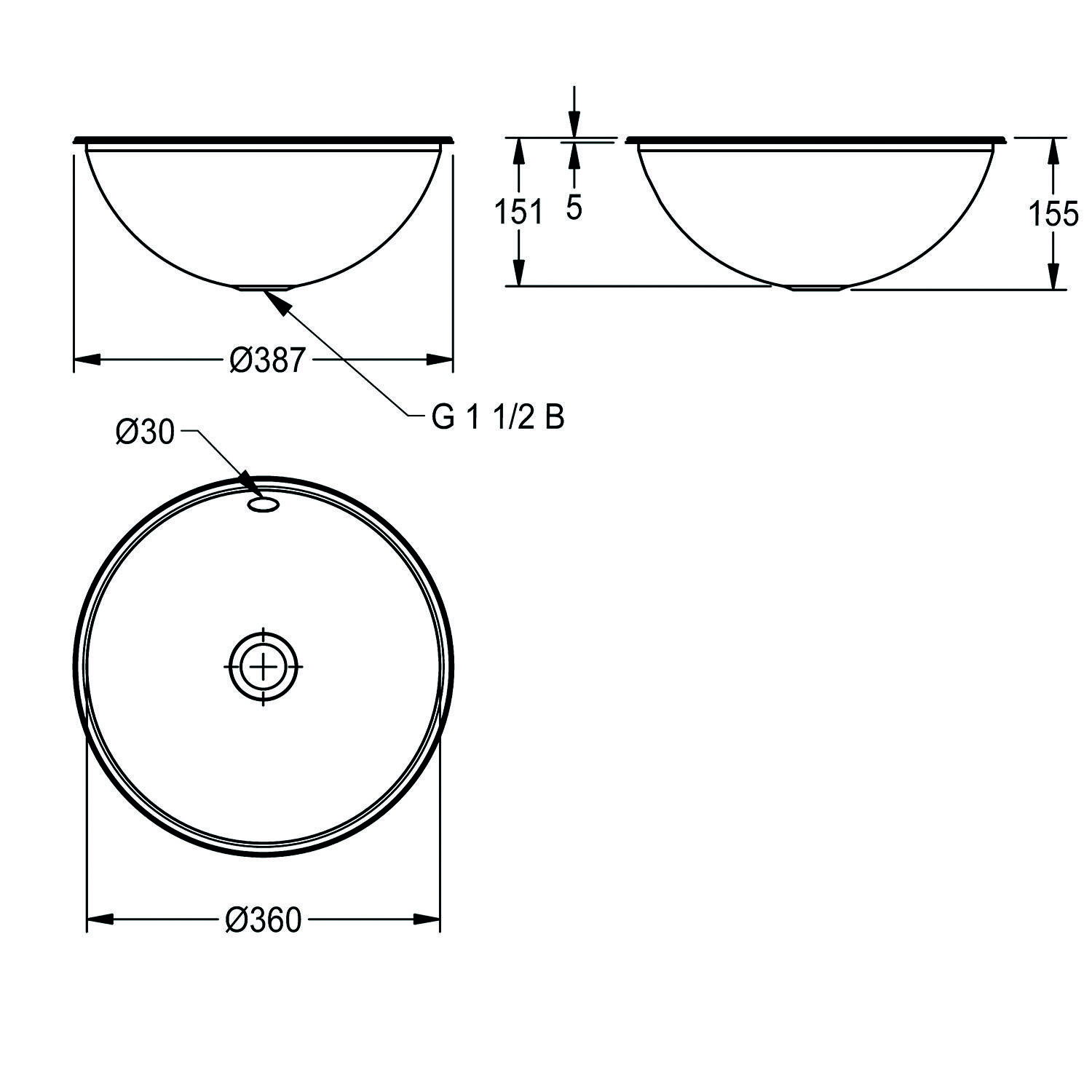 Das Bild ist eine technische Zeichnung eines Waschbeckens mit den Maßen: Durchmesser 387 mm, Tiefe 155 mm und einem Ablaufloch, gekennzeichnet mit „G 1 1/2 B