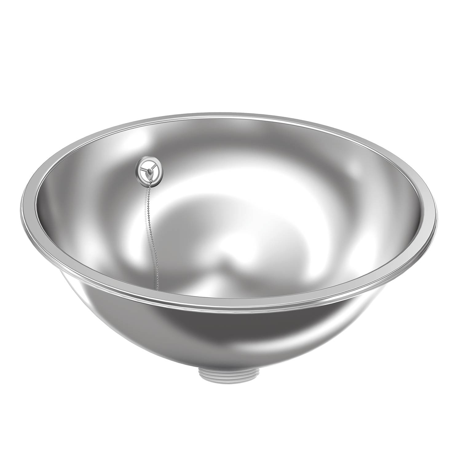 Eine glänzende, metallische Schüssel mit kreisförmiger Basis und glatter Oberfläche. Ein kleiner Abflassstopfen mit Kette ist im Inneren befestigt. Schwarzer Hintergrund.