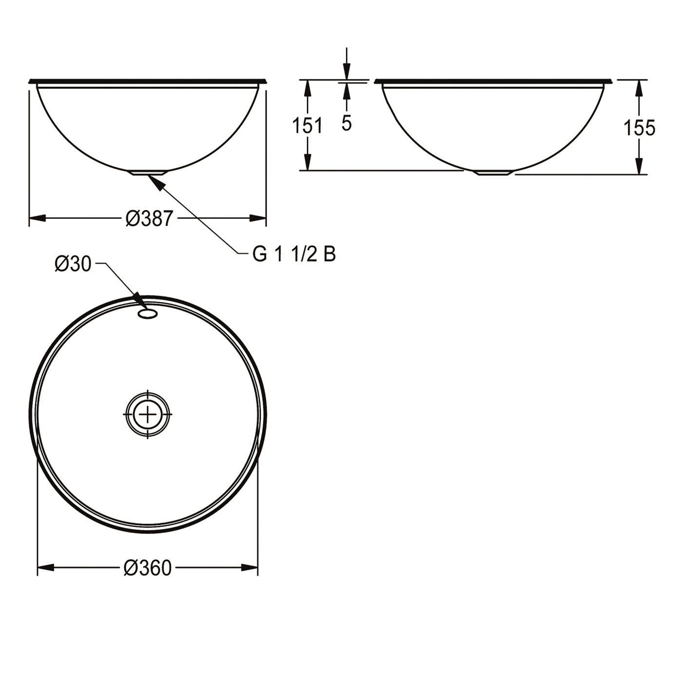 Technische Zeichnung eines runden Beckens mit Draufsicht und Seitenansicht mit Abmessungen: 387 mm Durchmesser, 360 mm Innendurchmesser, 151/155 mm Höhe, 30 mm Loch und G 1 1/2 B Ablauf.