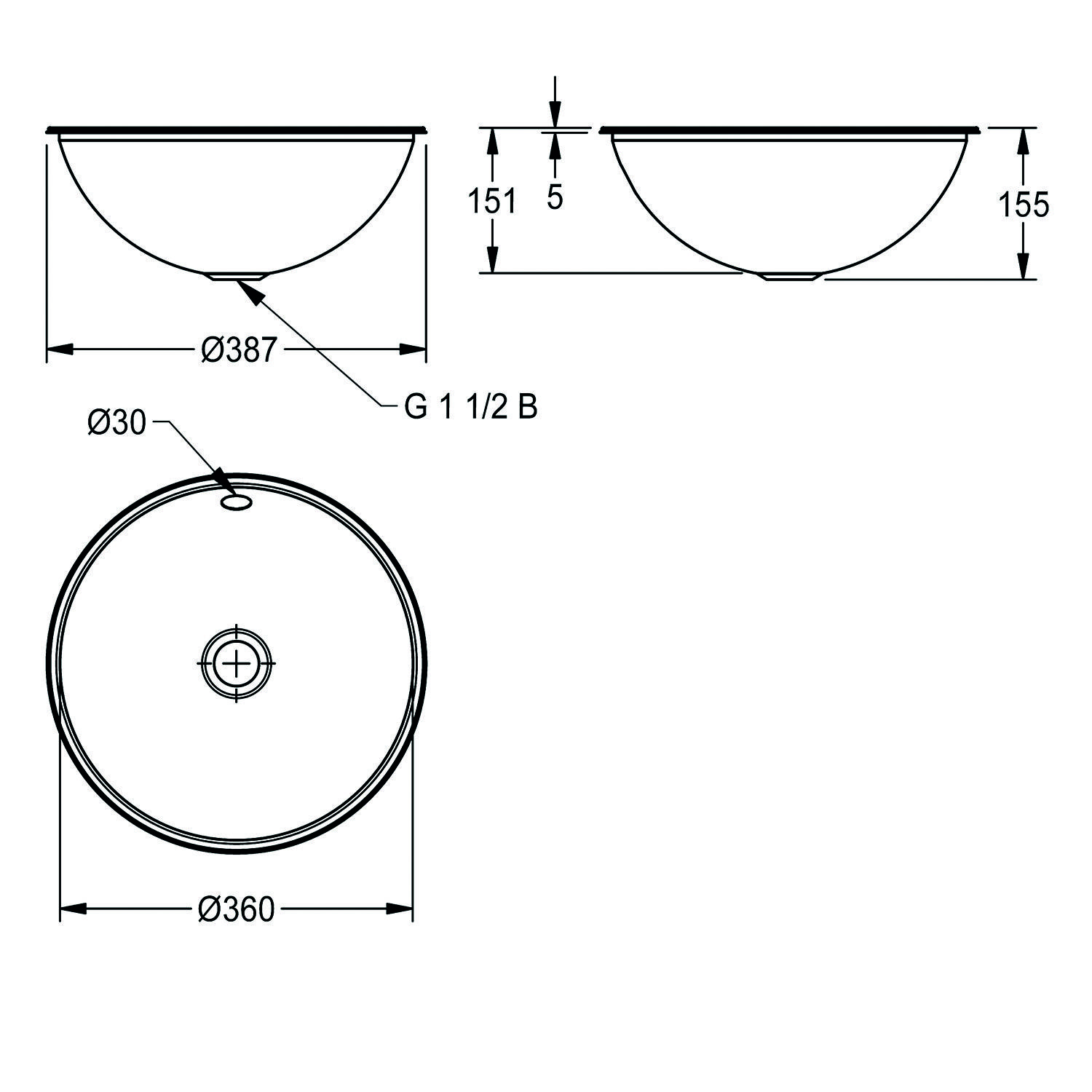 Technische Zeichnung eines kreisförmigen Waschbeckens mit einem Durchmesser von 387 mm und einer Tiefe von 155 mm, mit zentraler Ablaufbohrung und 30 mm großer Armaturbohrung.