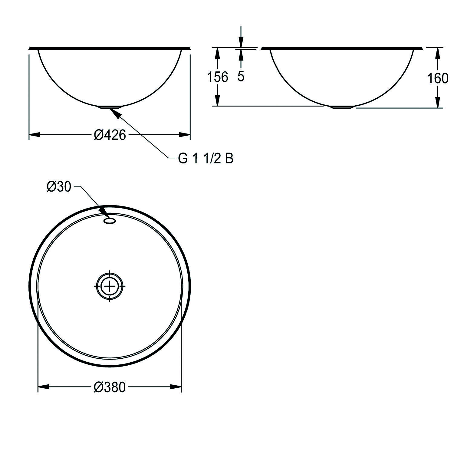 Technische Zeichnung eines kreisrunden Waschbeckens, Ansichten von oben und der Seite mit Abmessungen: Durchmesser 426 mm, Höhe 160 mm, Ablaufgröße G 1 1/2 B.