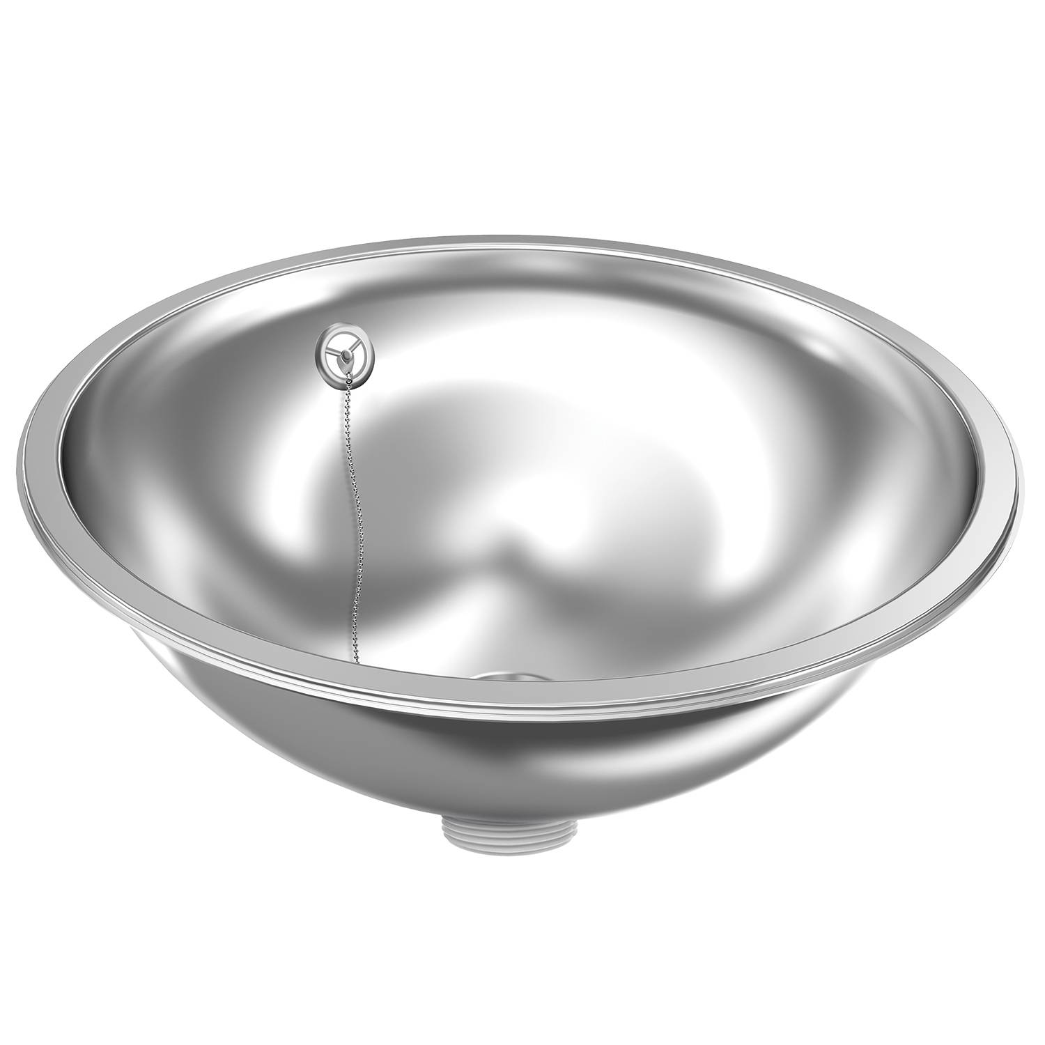 Ein glänzendes, metallisches Waschbecken mit einem Kettenabfluss im Inneren, vor einem schwarzen Hintergrund.