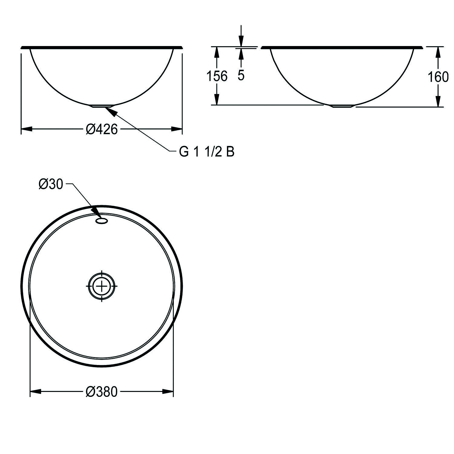 Technische Zeichnung eines kreisförmigen Beckens mit Maßen. Draufsicht zeigt einen Durchmesser von 380 mm; Seitenansicht zeigt einen Durchmesser von 426 mm und eine Tiefe von 156 mm.