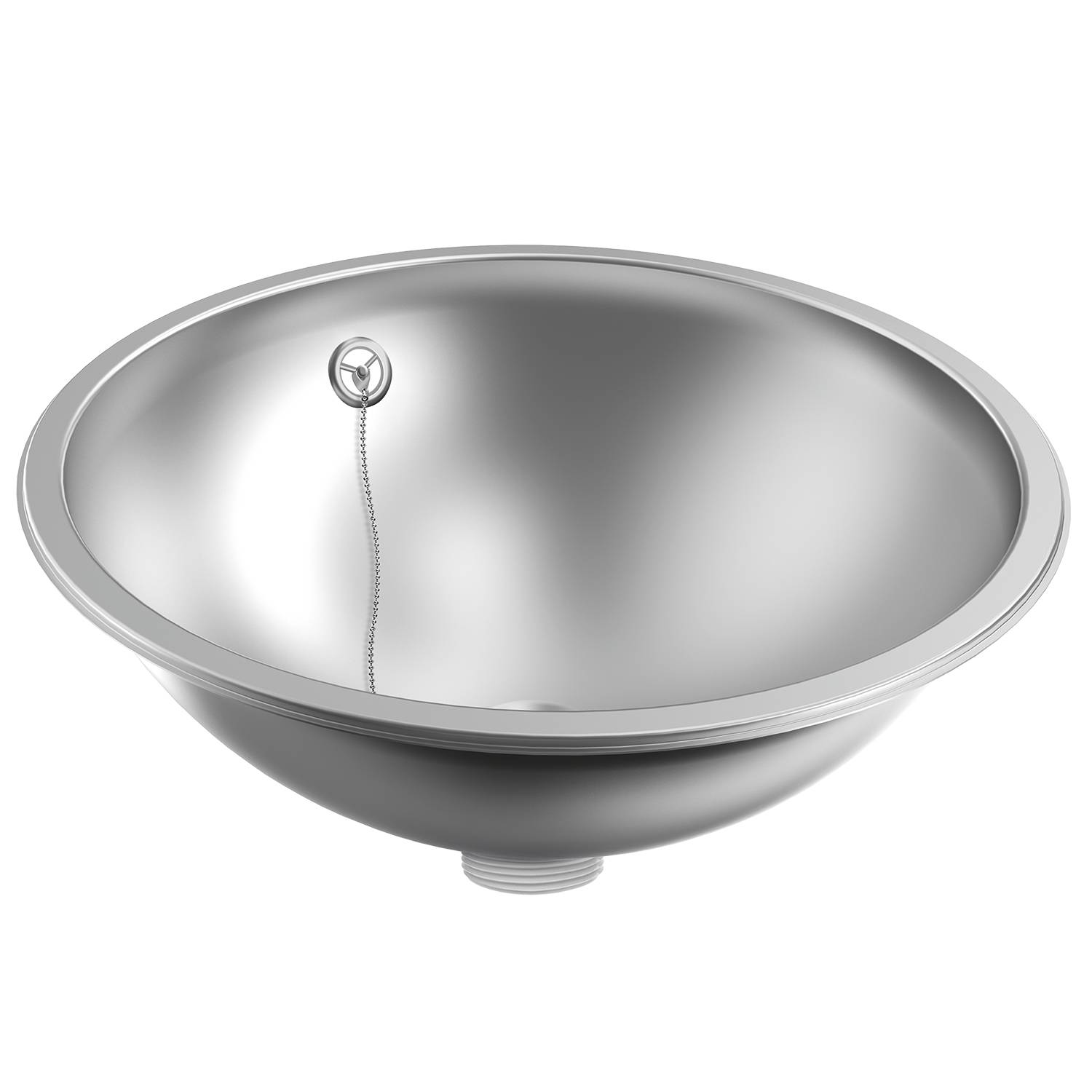Eine glänzende, runde Metallschale mit sichtbarer Stöpselkette vor einem schwarzen Hintergrund; wirkt modern und glatt im Design.