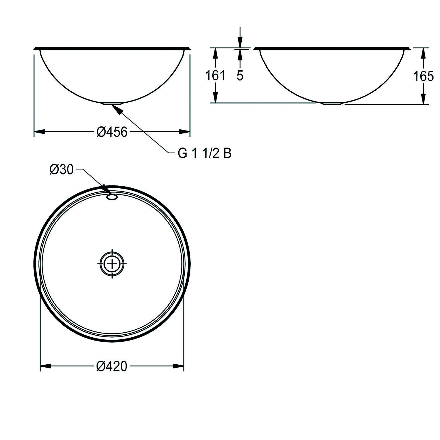 Beckendimensionen: Durchmesser 456 mm, Gesamthöhe 165 mm, Einbauhöhe 161 mm, Ablaufgröße 30 mm, Durchmesser am oberen Ende 420 mm.