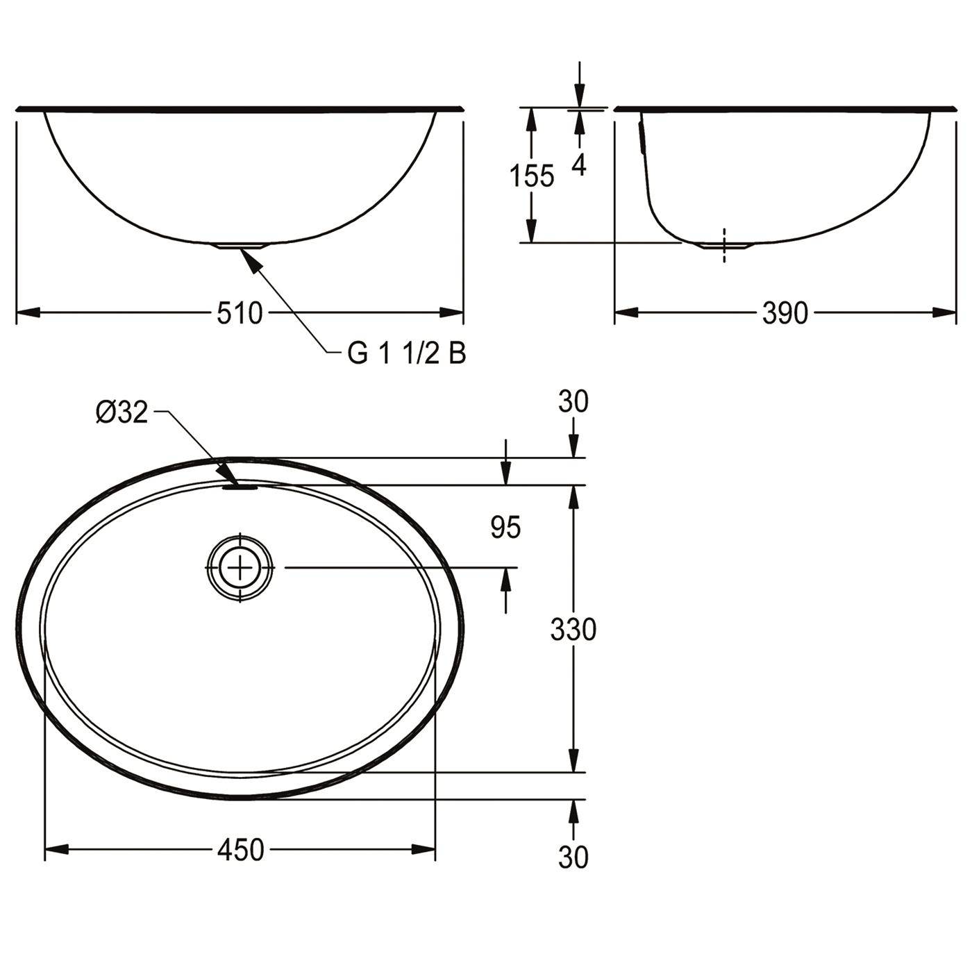 Technische Zeichnung eines ovalen Waschbeckens/Beckens mit Abmessungen: 510 mm und 390 mm Seitenansichten, 450 mm x 330 mm Draufsicht, Ø32 Ablauf und G 1 1/2 B Auslauf.