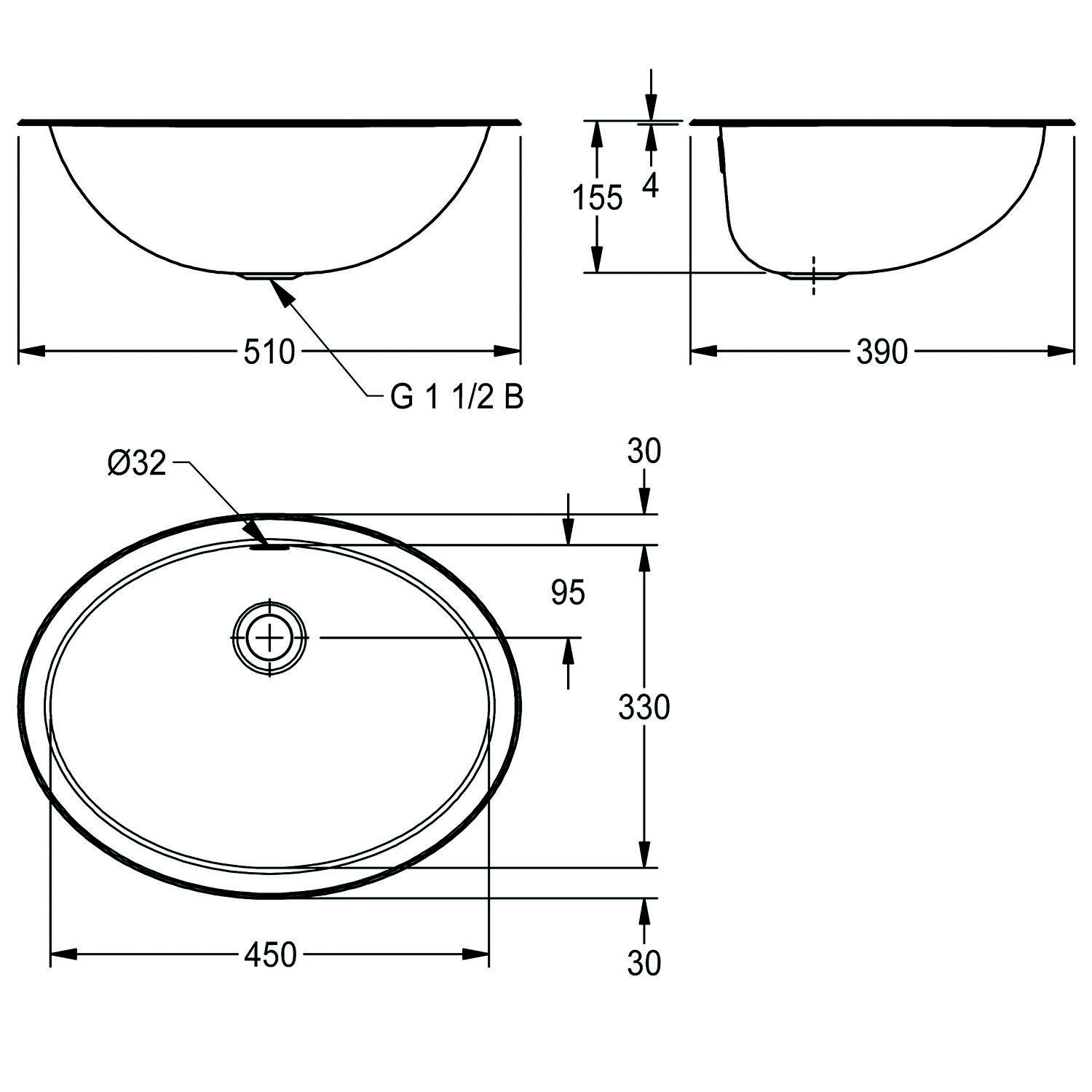 Technische Zeichnung eines ovalen Waschbeckens mit folgenden Maßen: 510 mm breit, 390 mm von vorne nach hinten, 155 mm tief und Ablaufloch mit 32 mm Durchmesser.