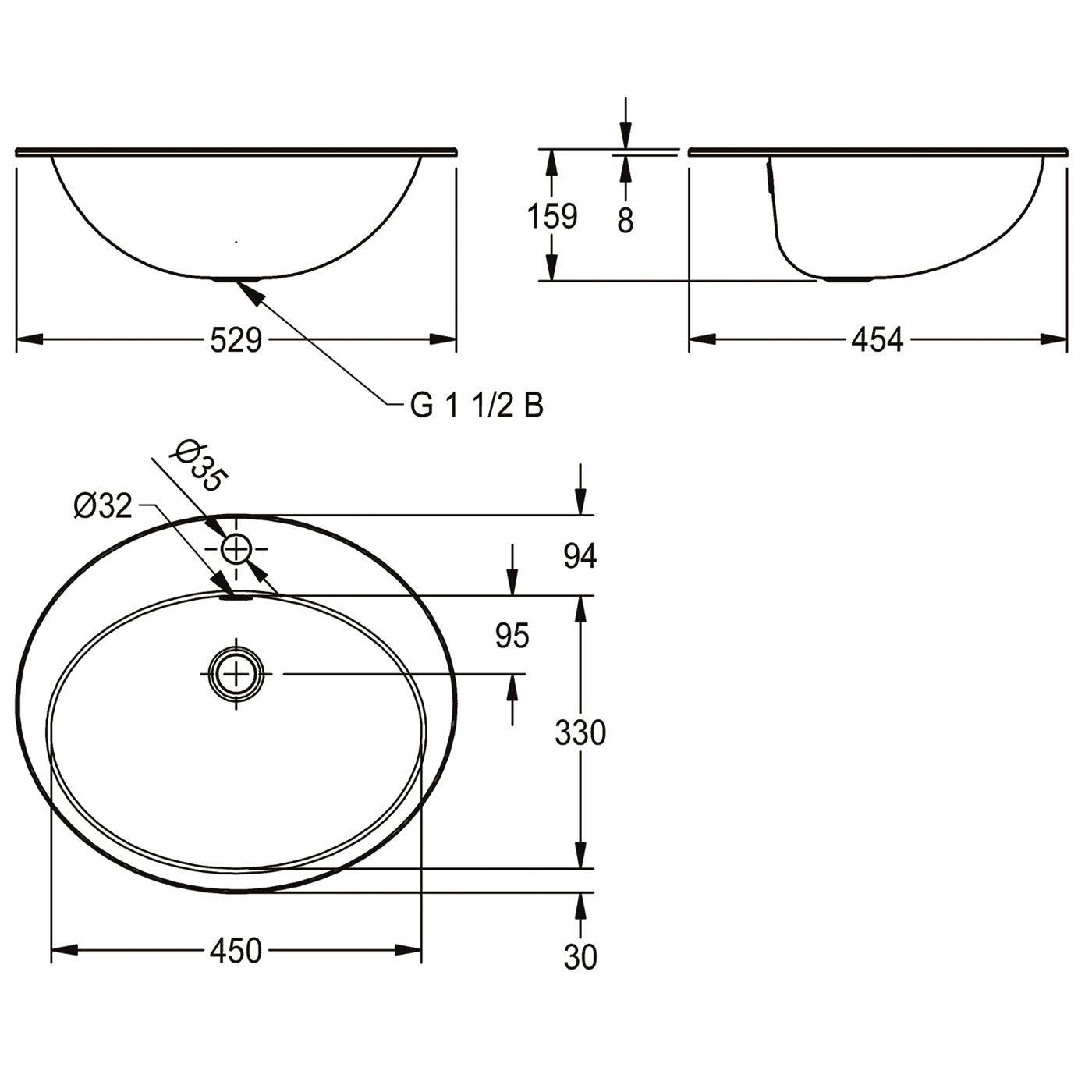 KWC Ovalbecken, RONDO, Edelstahl, Sdm, 529x159x454 mm, Überlauf, Hahnloch