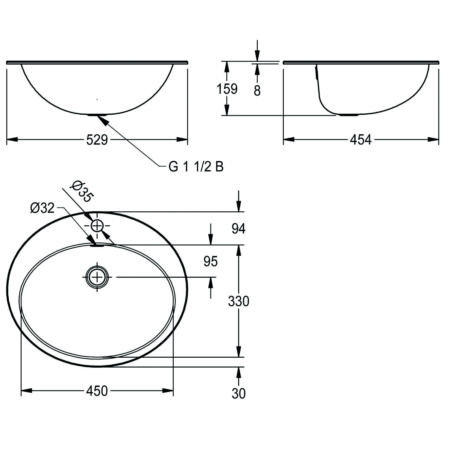 Technische Zeichnung eines ovalen Waschbeckens mit Maßen: Breite 450 mm, Tiefe 330 mm, Höhe 159 mm. Ablaufdurchmesser 55 mm, Armaturloch-Durchmesser 32 mm.