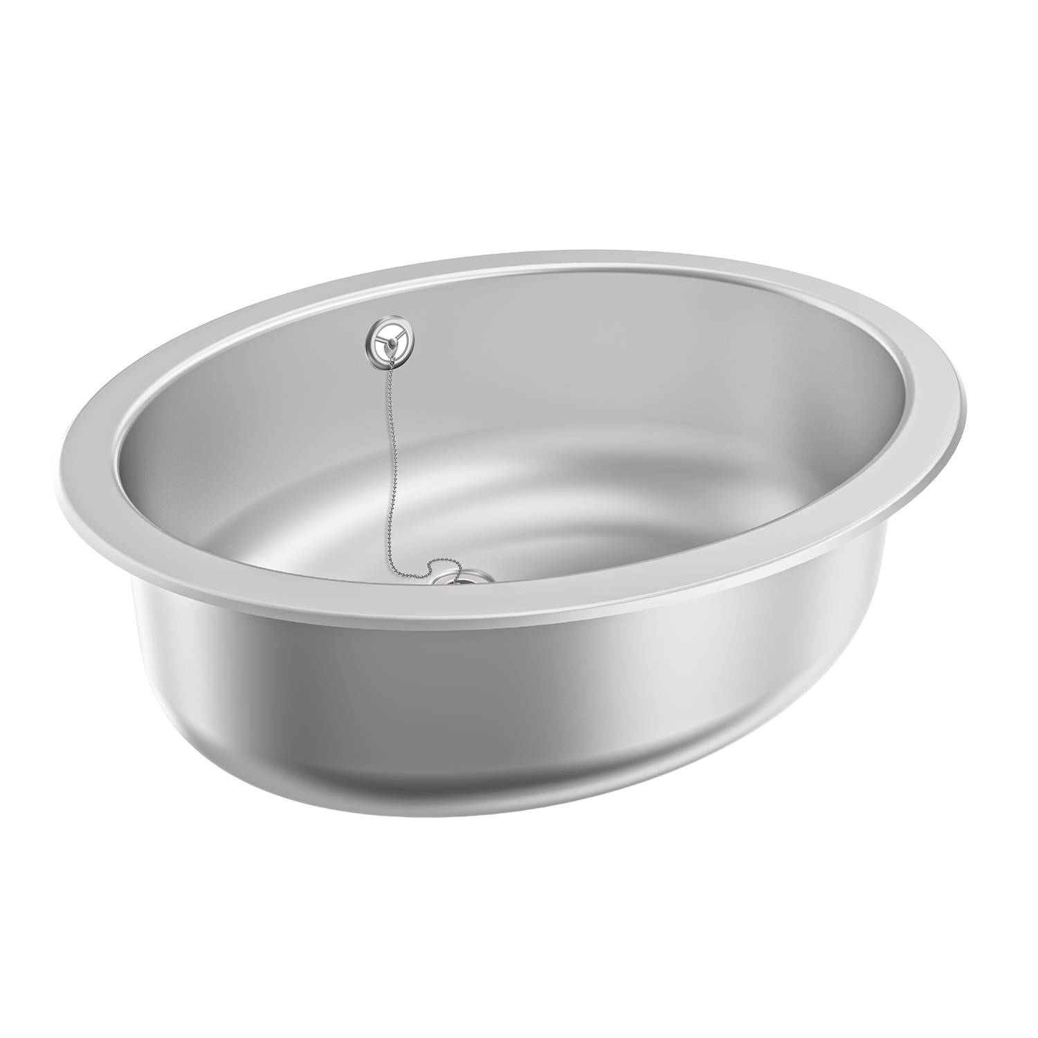 Ein silberner, rostfreier Edelstahl-Küchenwaschtisch mit rundem Design, der eine Abflussöffnung in der Mitte oben mit einer angehängten Kette aufweist.
