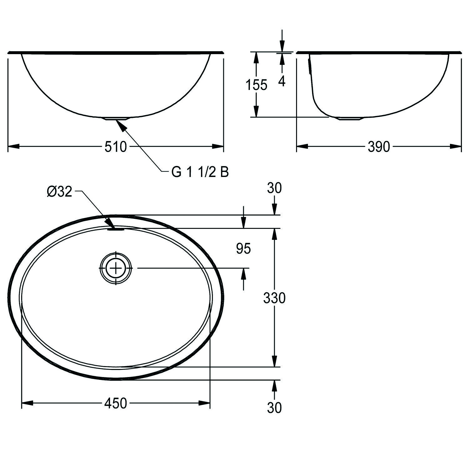 Technische Zeichnung eines ovalen Waschbeckens mit Maßen: 510 mm breit, 390 mm tief, 155 mm Höhe. Ablaufbohrung Ø32 mm, Gesamtlänge 450 mm.