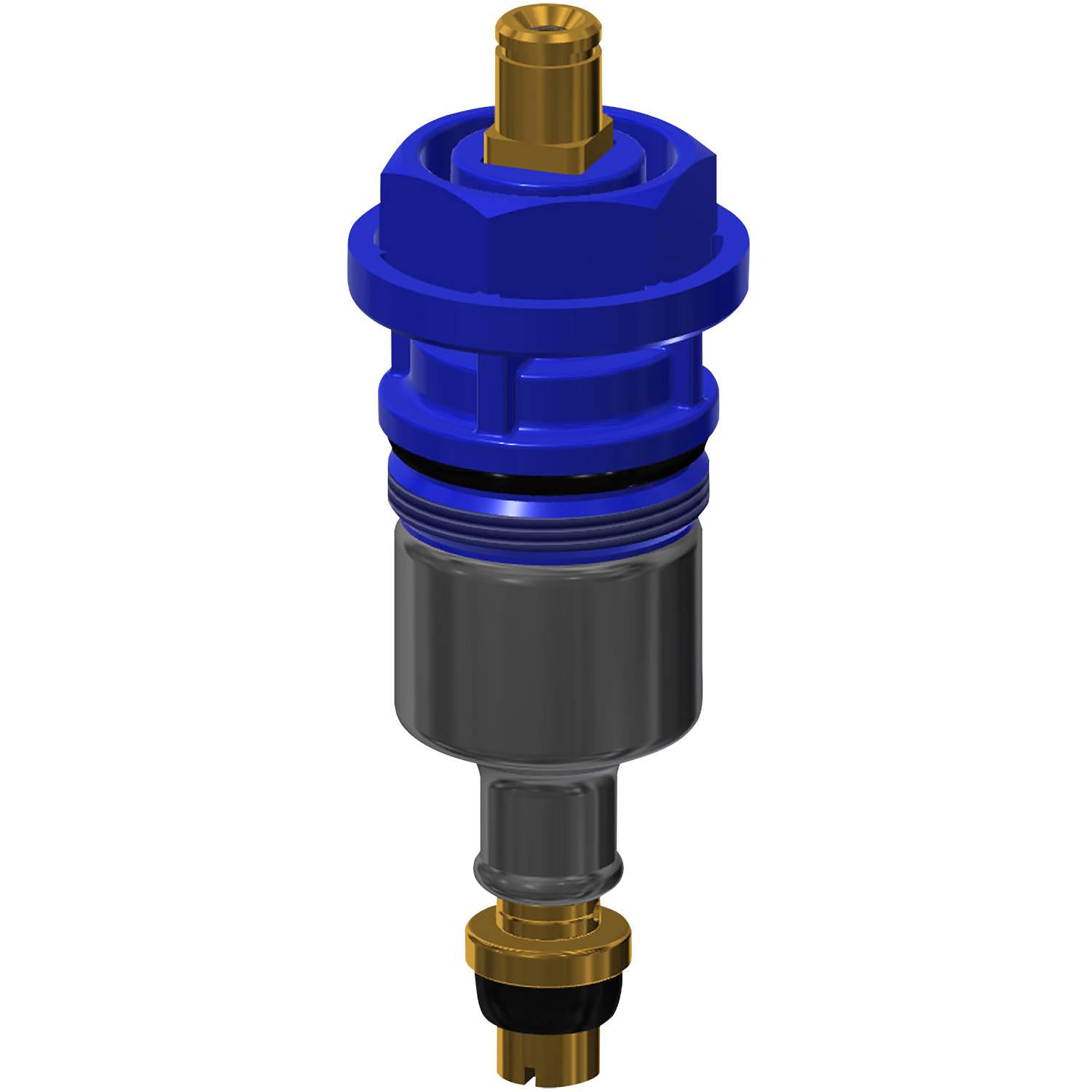 Eine blaue und goldene Komponente, die einem Ventil oder mechanischen Teil ähnelt, mit detaillierten Rillen und zylindrischen Abschnitten, vor einem schwarzen Hintergrund.