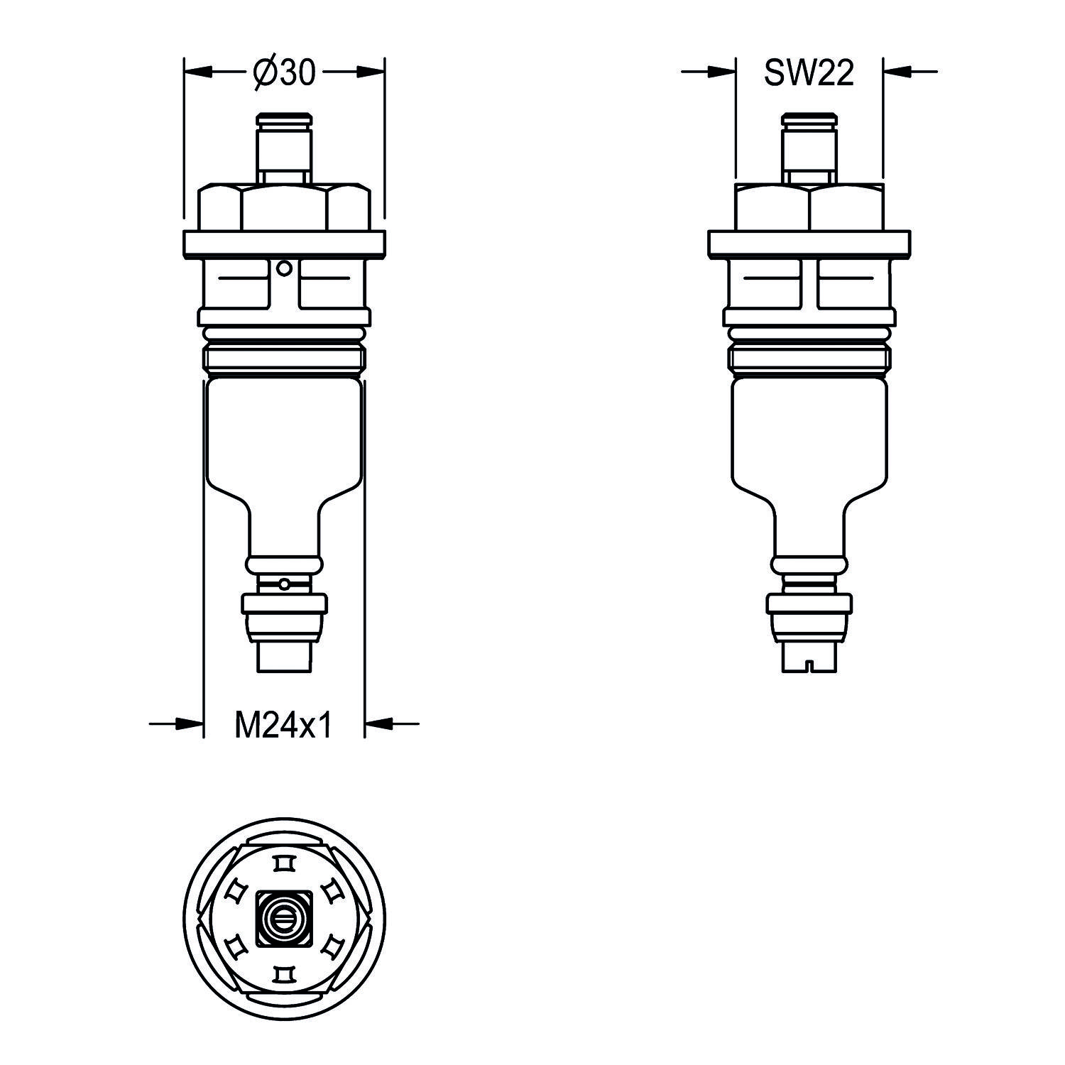 Technische Zeichnung einer zylindrischen Komponente mit Ober- und Unteransicht, mit Abmessungen Ø30, SW22, M24x1.