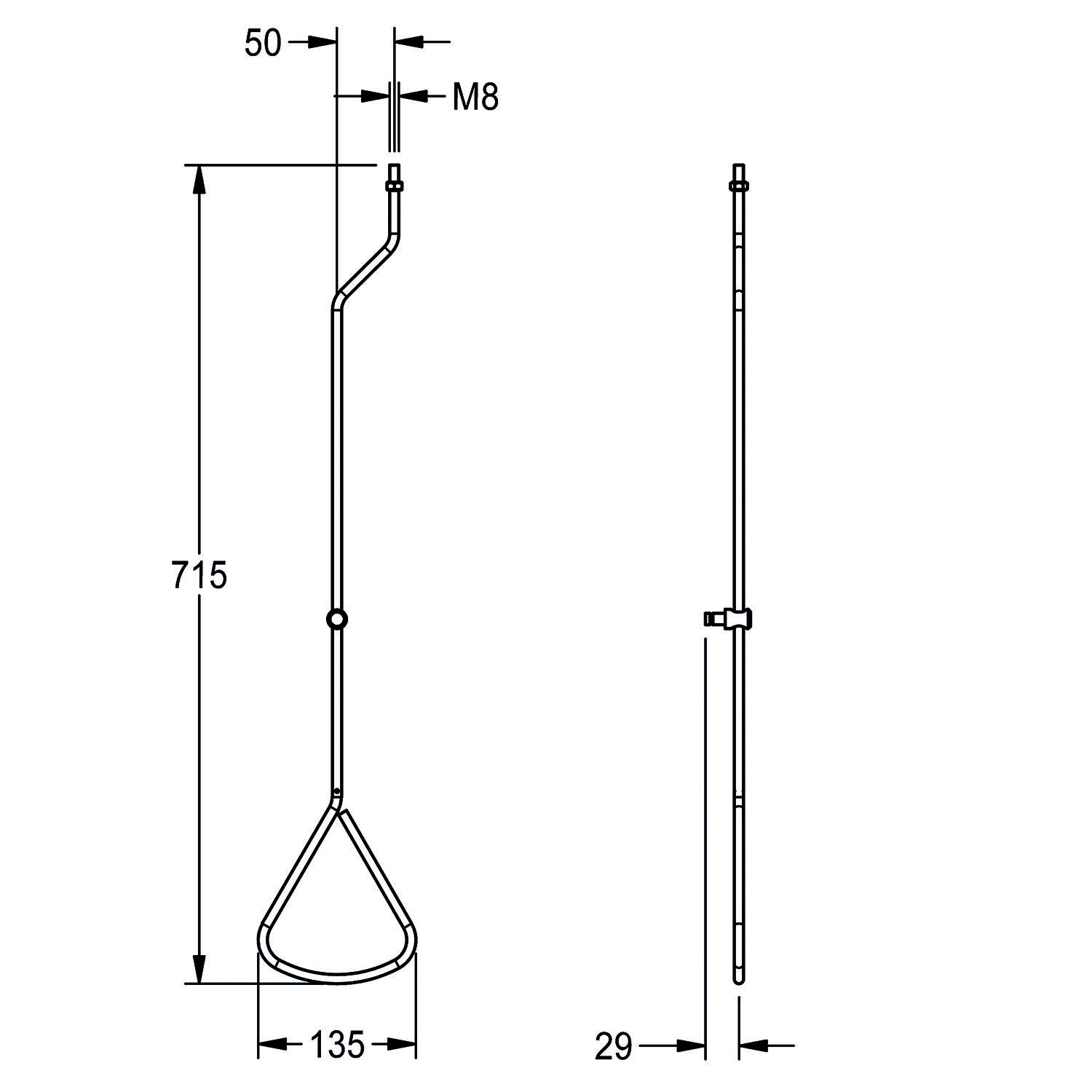 Technische Zeichnung eines Metallständers. Hauptmaße sind 50 mm, M8, 715 mm, 135 mm und 29 mm. Enthält Vorder- und Seitenansicht.