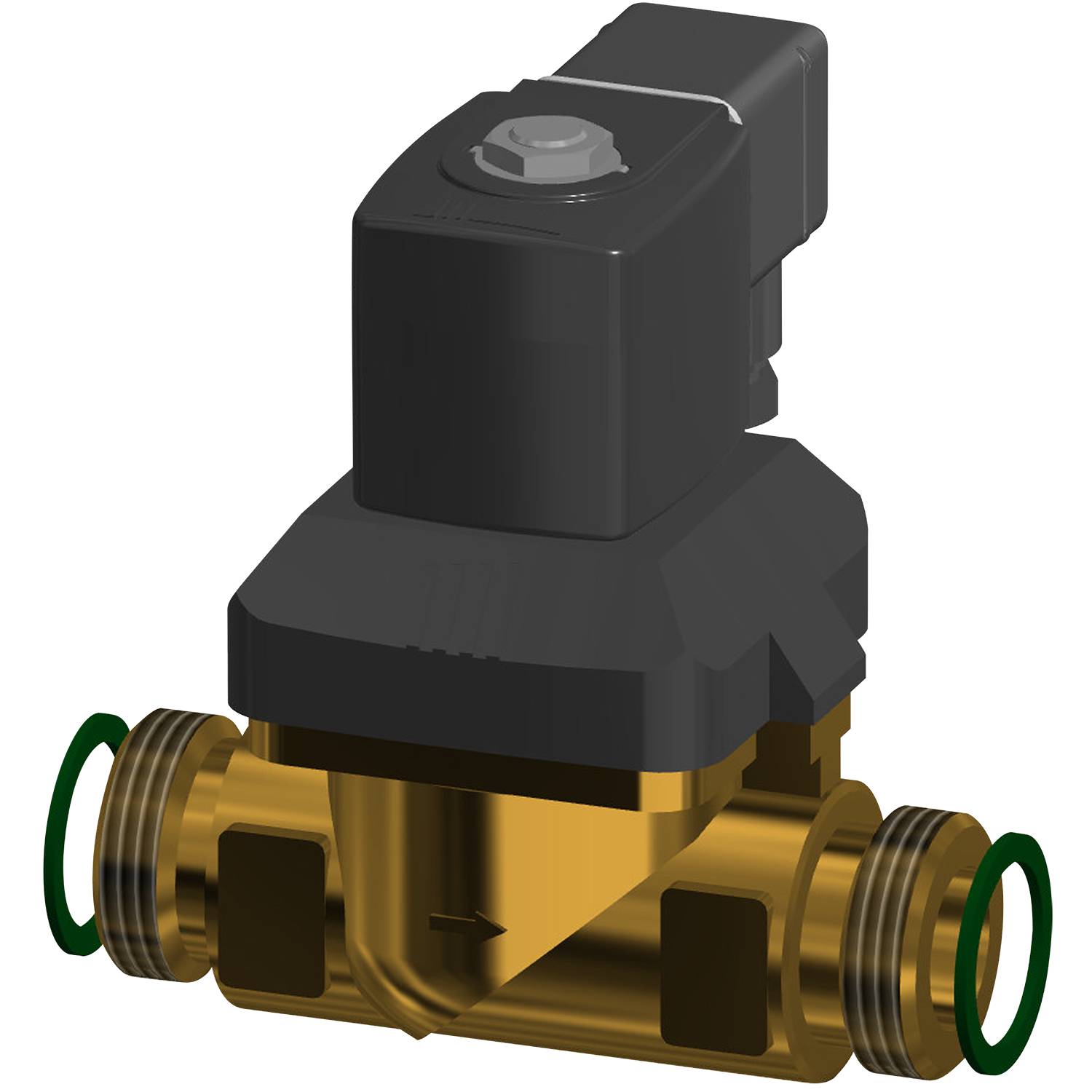 Ein 3D-Rendering eines Messing-Magnetventils mit einem schwarzen Aktor, entwickelt für die Fluidsteuerung in industriellen Anwendungen.