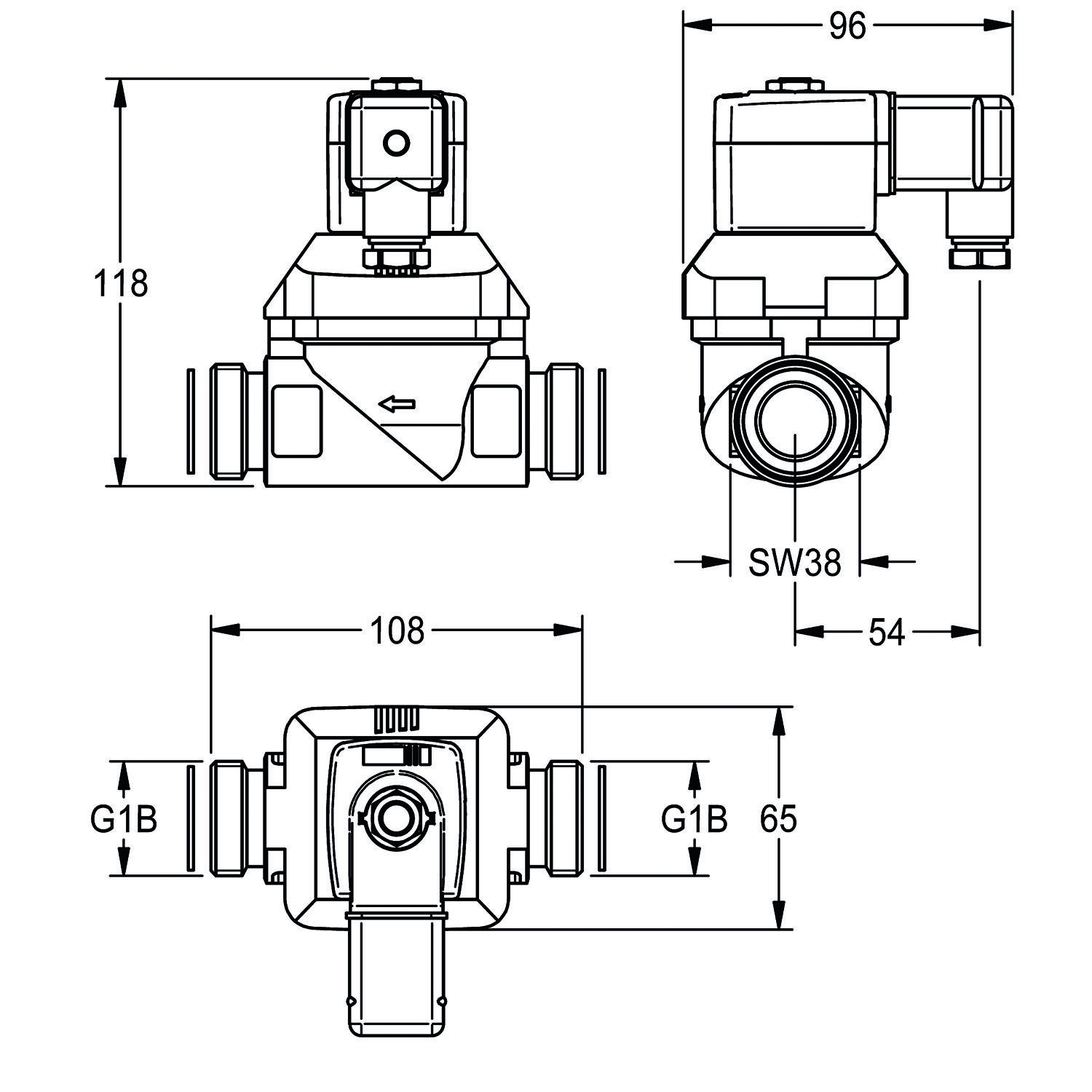 Technische Zeichnung eines Ventils mit Abmessungen: Höhe 118 mm, Länge 108 mm, Breite 96 mm und Anschlussgröße G1B. SW38 angegeben.