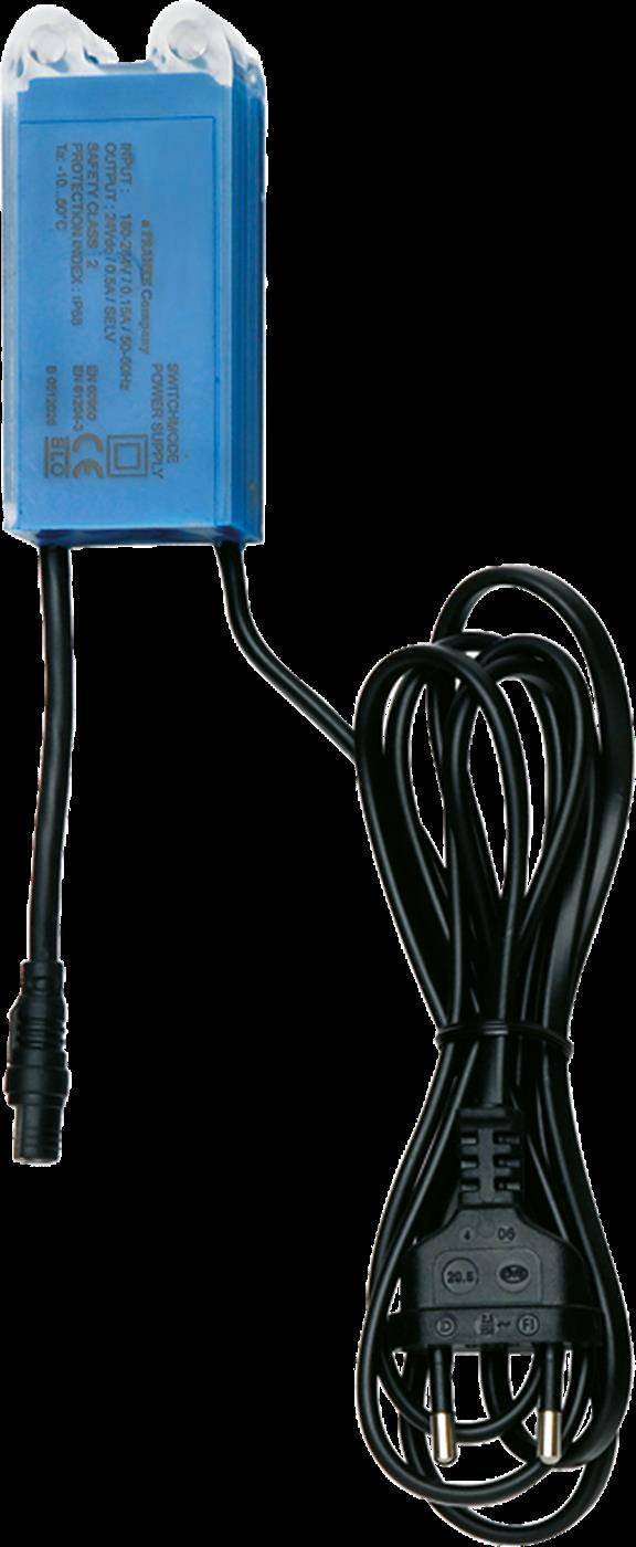 Blaues Inline-Elektrogerät mit angebrachtem schwarzem Stromkabel und aufgewickeltem Kabel, isoliert auf schwarzem Hintergrund dargestellt.