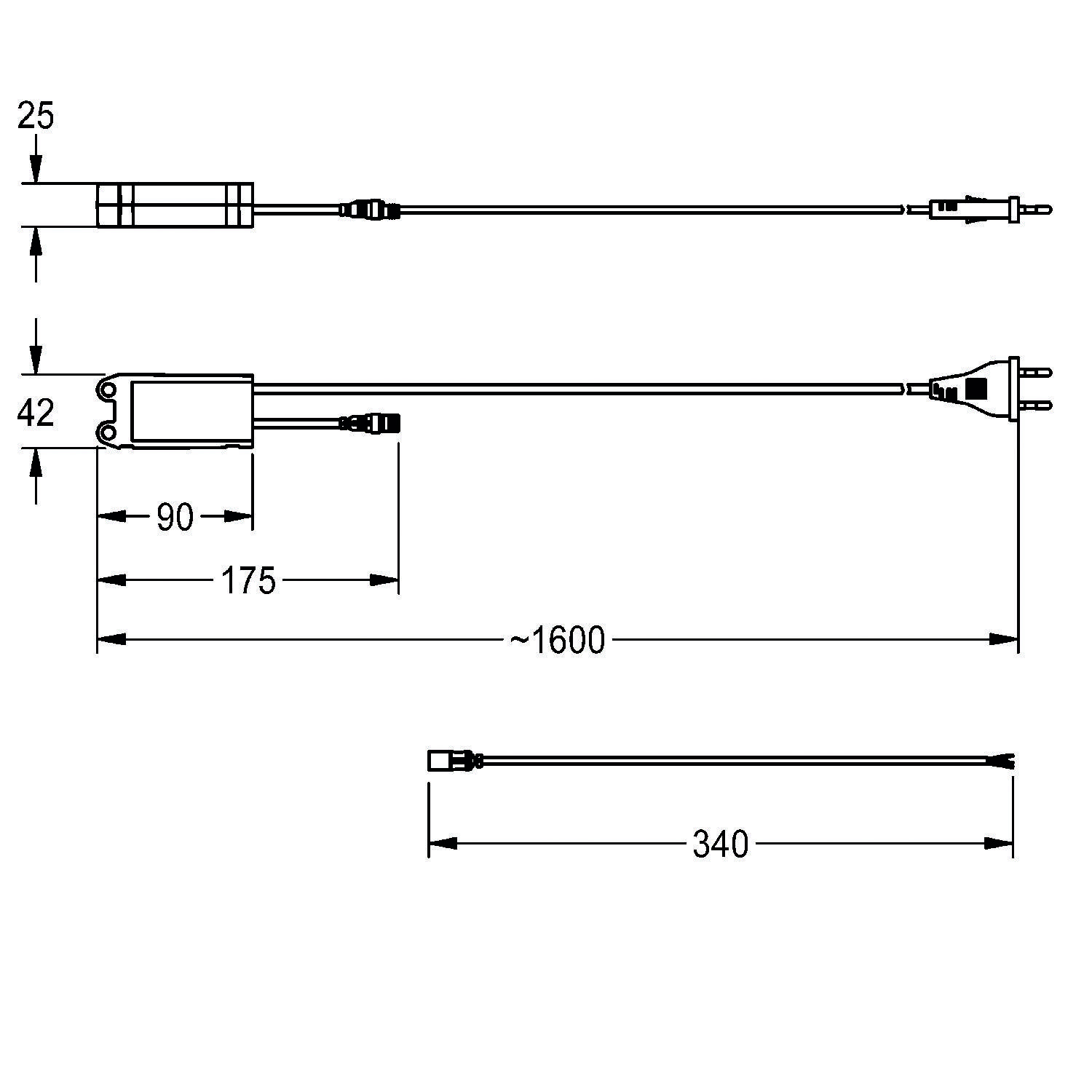 Technische Zeichnung eines Netzteils mit Abmessungen: Adapterhoehe 25 mm, Steckerhöhe 42 mm, Adapterlaenge 90 mm, Steckerlaenge 175 mm, gesamte Kabellaenge ungefaehr 1600 mm, Anschlusslaenge 340 mm.