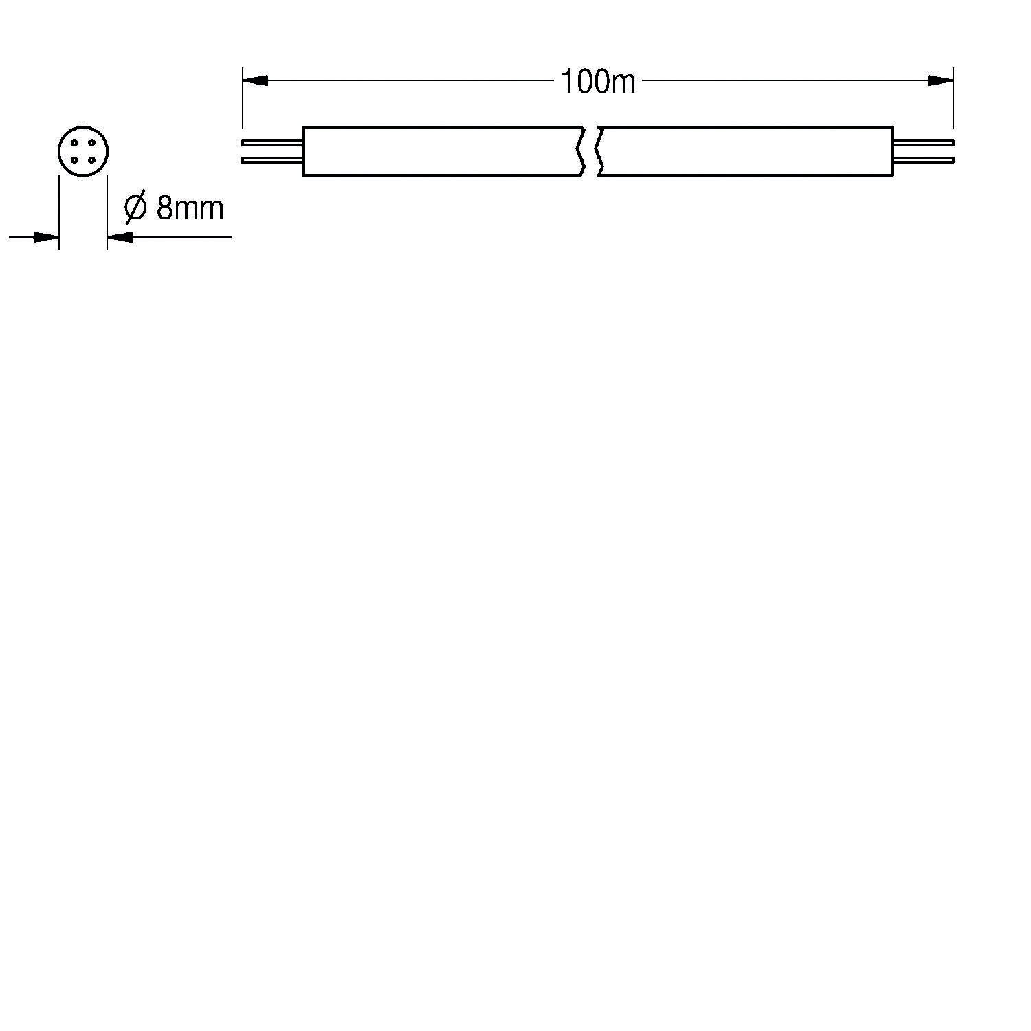 Eine Linienzeichnung, die ein zylindrisches Objekt mit einem Durchmesser von 8 mm und einer Länge von 100 mm darstellt, mit Drähten, die von beiden Enden ausgehen.