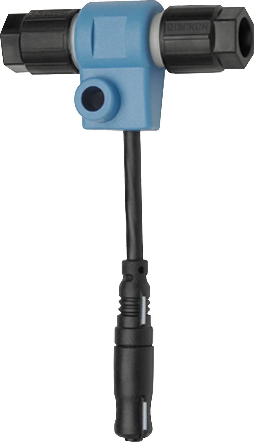 Ein blauer Sensor mit einem schwarzen Kabel, wahrscheinlich für elektronische oder Automatisierungsanwendungen verwendet. Der Hintergrund ist schlicht schwarz.