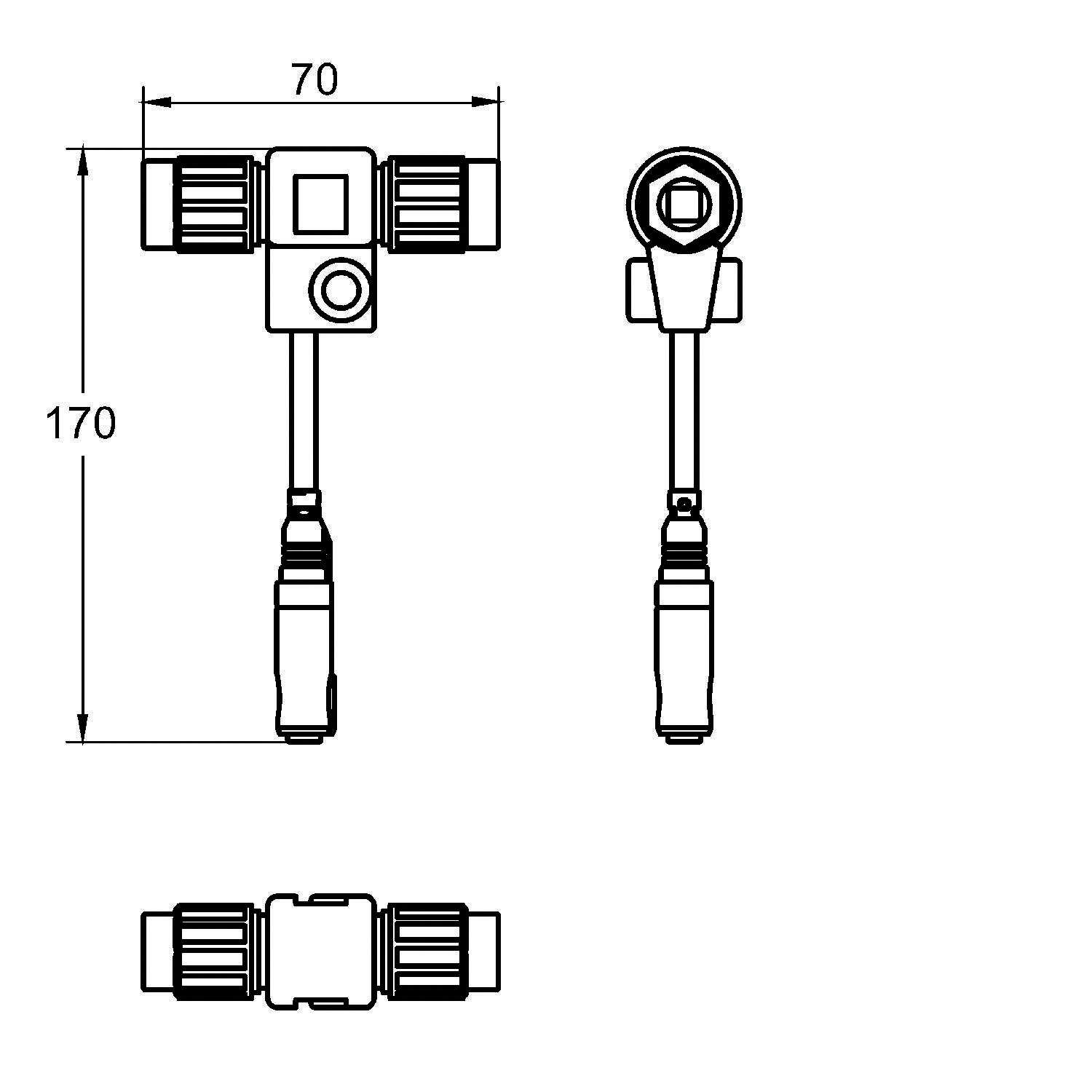 Technische Zeichnung eines T-förmigen mechanischen Verbinders, Abmessungen 170 mm vertikal und 70 mm horizontal, mit einem zentralen Block und abnehmbaren zylindrischen Enden.