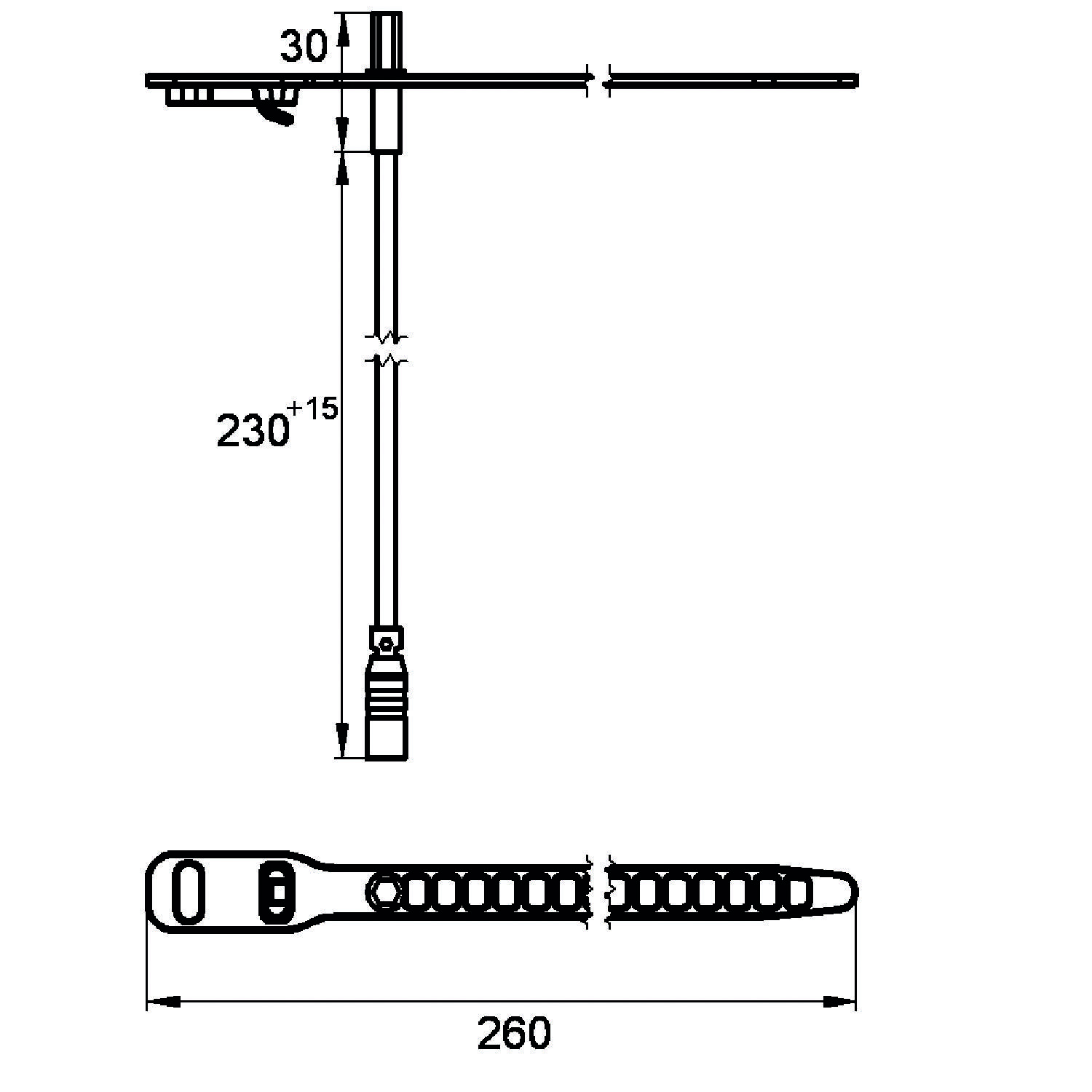 Elektrisches Kabelbinder-Abmessungen: Länge 260 mm, Breite 15 mm. Verstellbare Segmente, maximale Breite für Verriegelungsmechanismus angegeben.