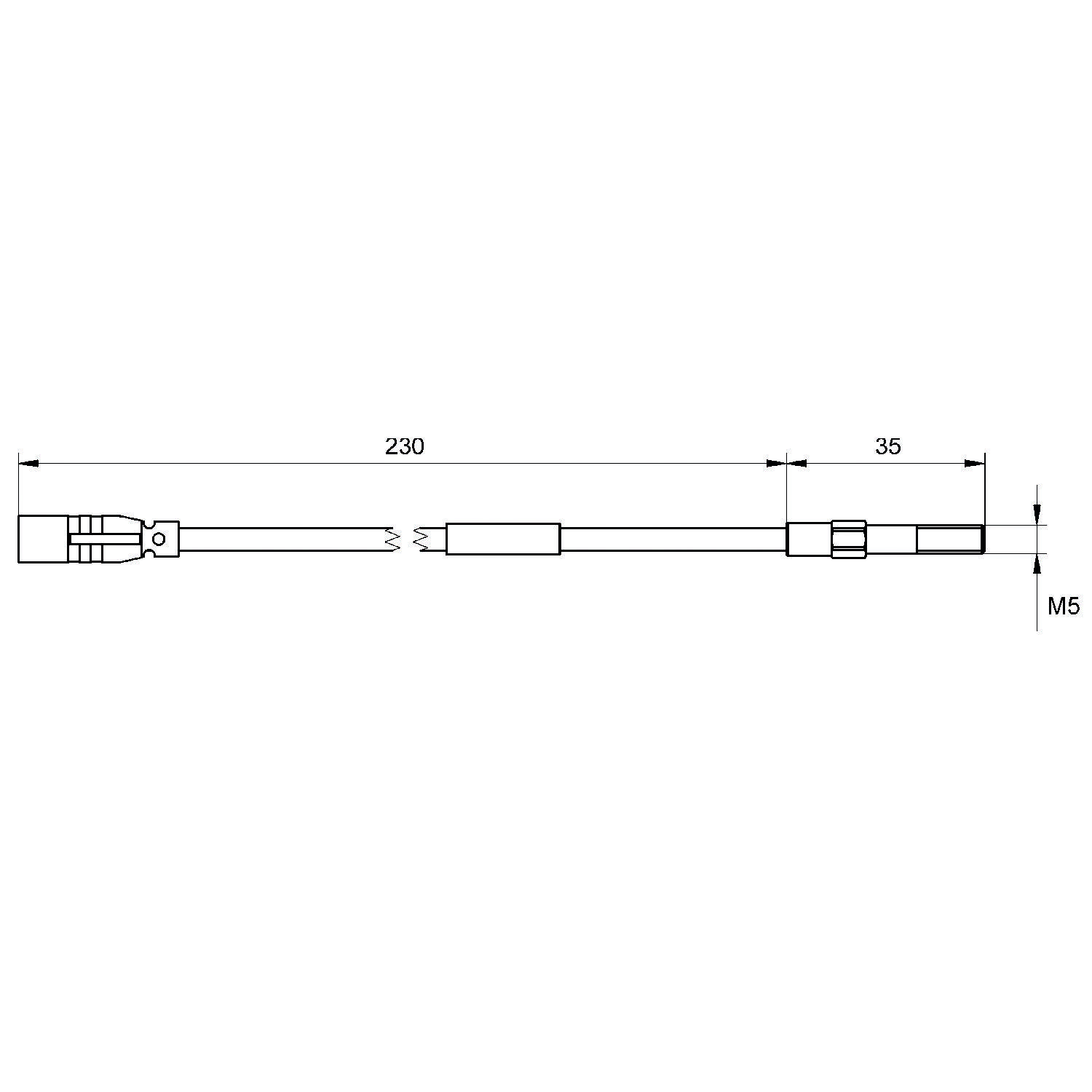 Technische Zeichnung, die eine lineare Komponente mit einer Länge von 230 mm und einer Markierung von 35 mm mit M5 zeigt. Stellt Verbinder und Enden detailliert dar.