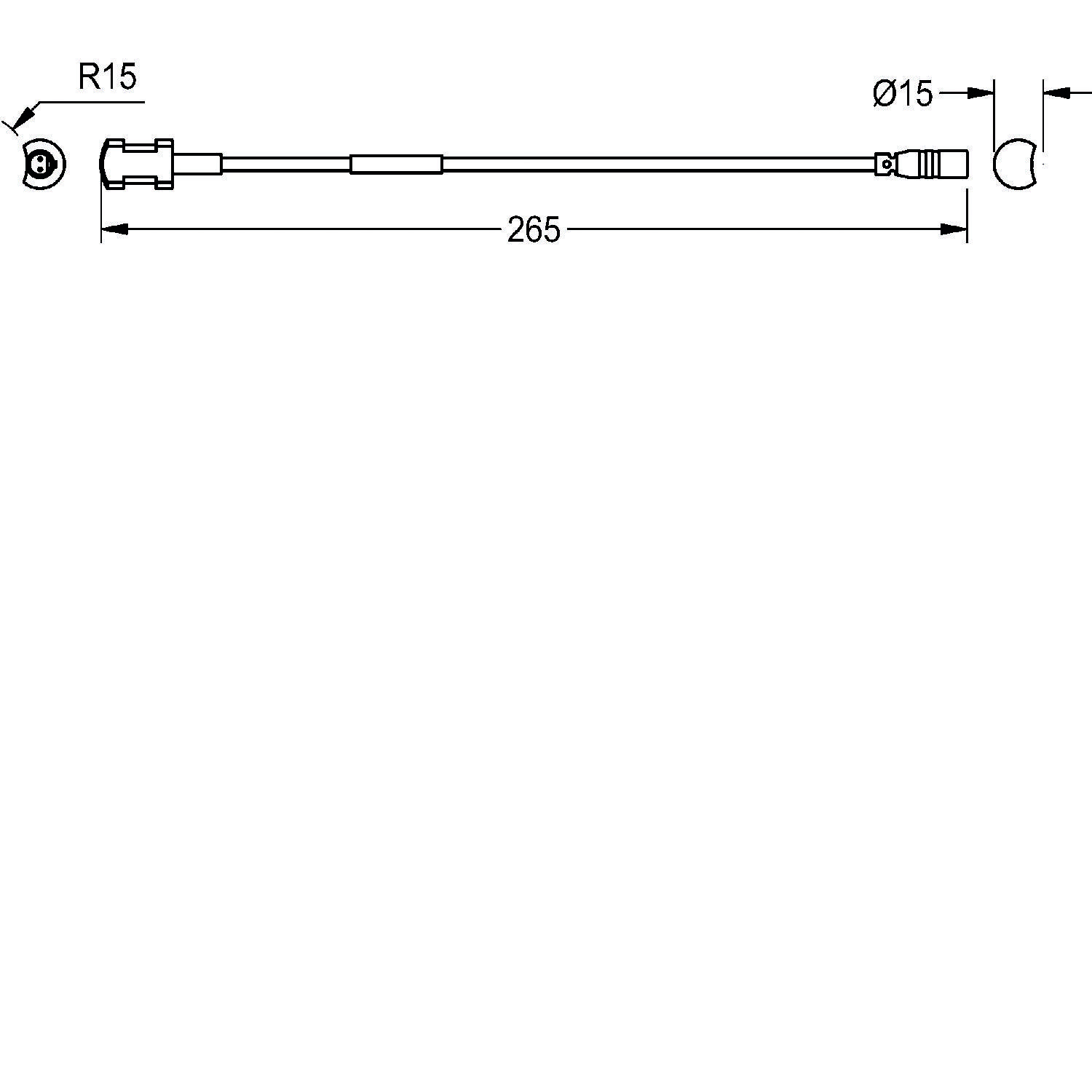 Eine technische Zeichnung, die einen Stab mit einer Länge von 265 mm zeigt, dessen Enden einen Radius von R15 und einen Durchmesser von Ø15 markiert haben.