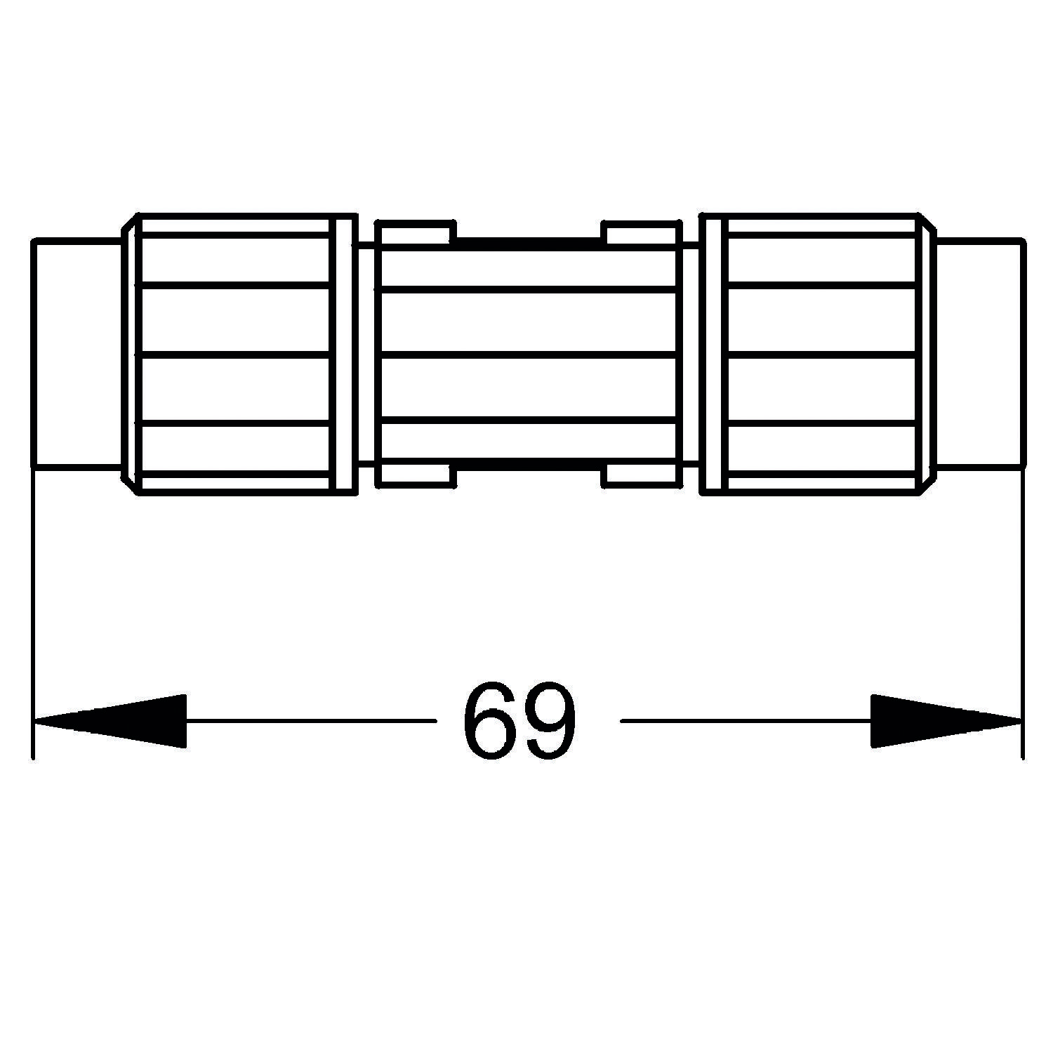 Eine technische Zeichnung eines mechanischen Bauteils mit zylindrischen Rillen und einer Gesamtlänge von 69 Einheiten, die durch Pfeile gekennzeichnet ist.
