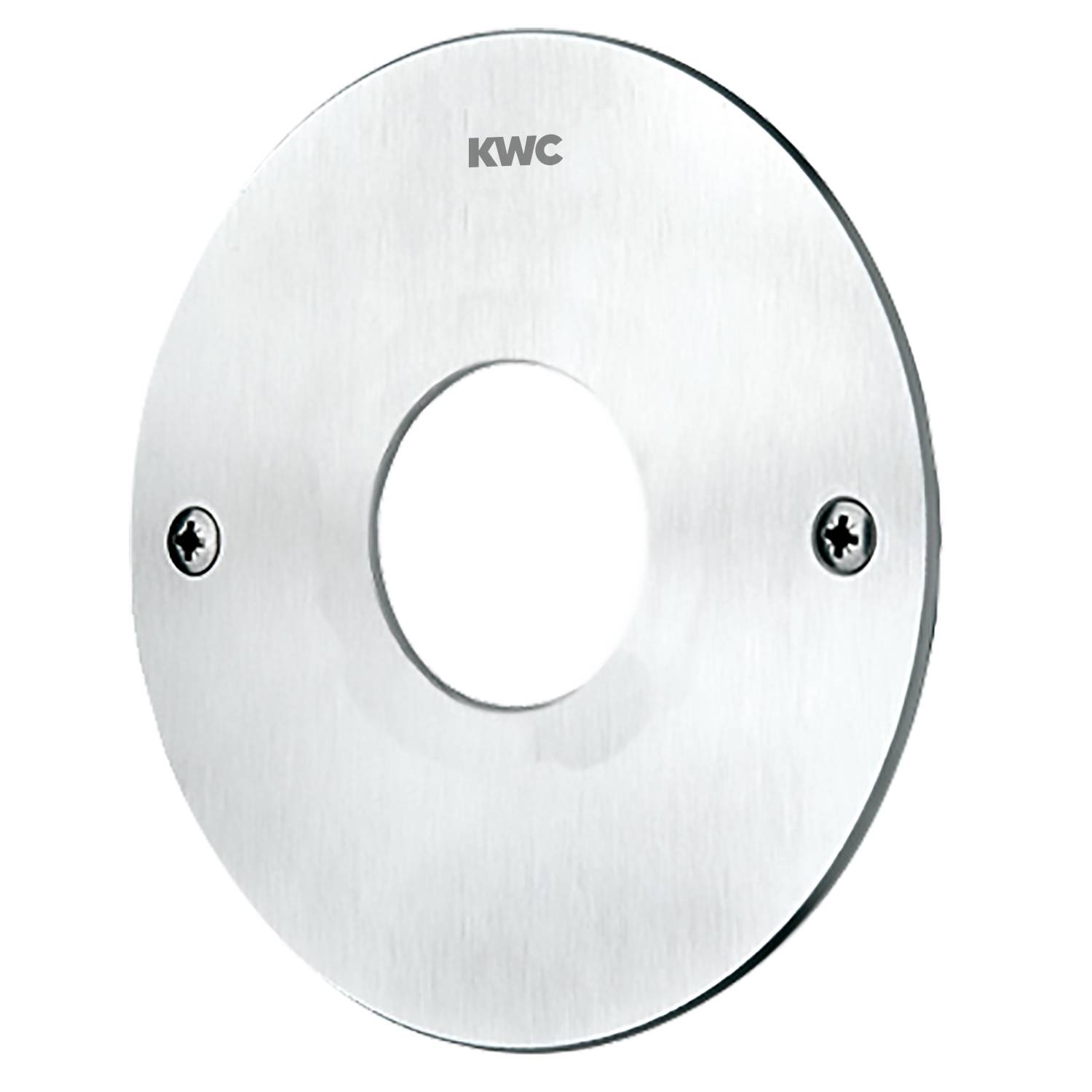 Ovale Metallplatte mit zentraler Bohrung und zwei Schrauben zur Befestigung. Oben mit 'KWC' gekennzeichnet. Verwendet für Sanitär- oder Armatureninstallationen.