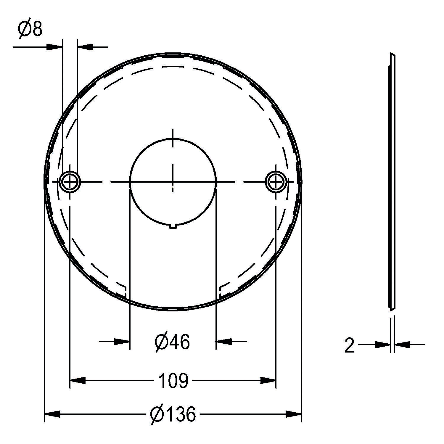Technische Zeichnung eines kreisförmigen Objekts mit Seitenansicht. Hauptkreis: Durchmesser 136 mm, innerer Kreis: 46 mm, Lochdurchmesser 8 mm.