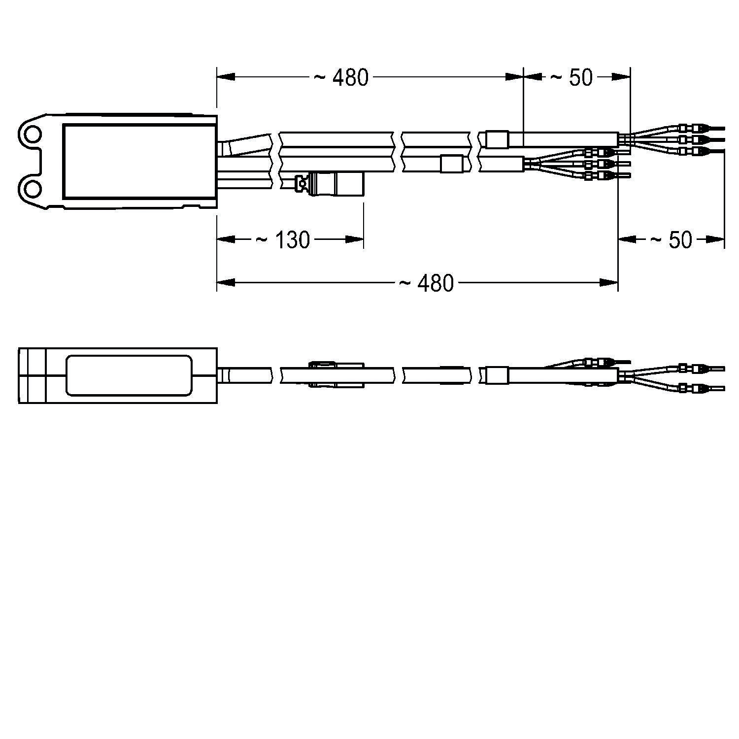 Technische Zeichnung einer elektrischen Komponente mit Abmessungen: 480 mm Länge, 130 mm Gehäuse und 50 mm Anschlüsse an jedem Ende.