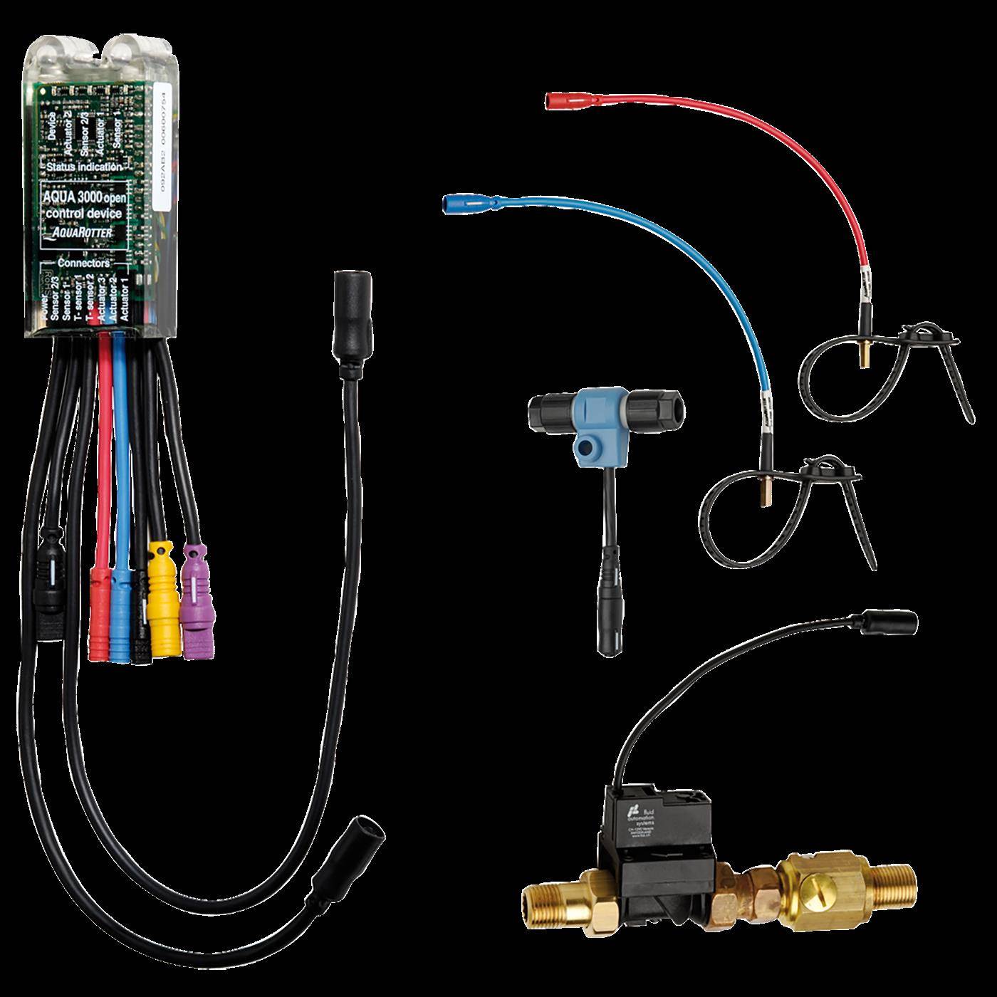 Aquariumsteuergerät und Schlauchleitungsset mit farbigen Kabeln, Luftleitungen, Sensorsonden, Clips und einem Messingmagnetventil auf schwarzem Hintergrund.