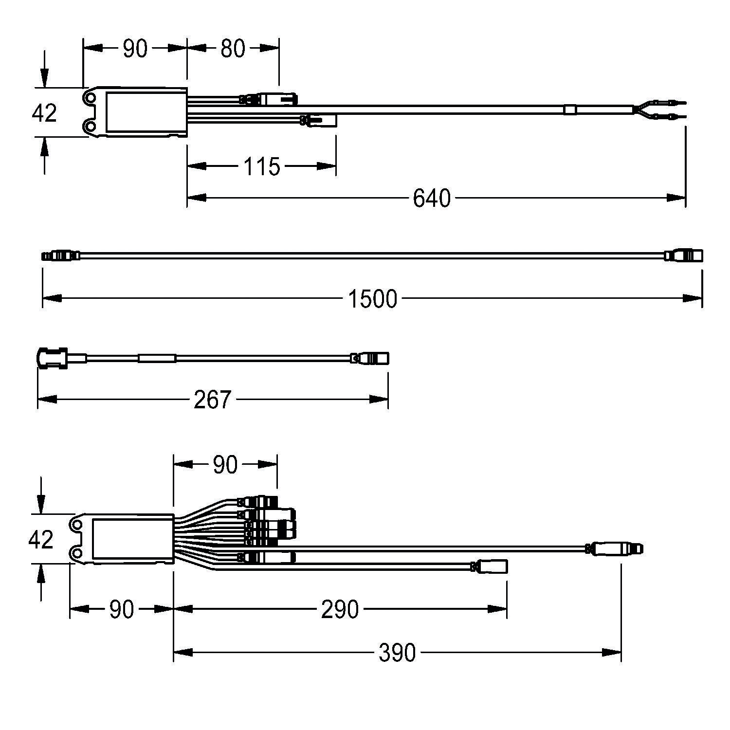 Technische Zeichnung einer Sensoranordnung mit Maßangaben: Haupteinheit 42 mm x 115 mm, Kabellänge 640 mm, Anschluss ausgefahren 1500 mm.