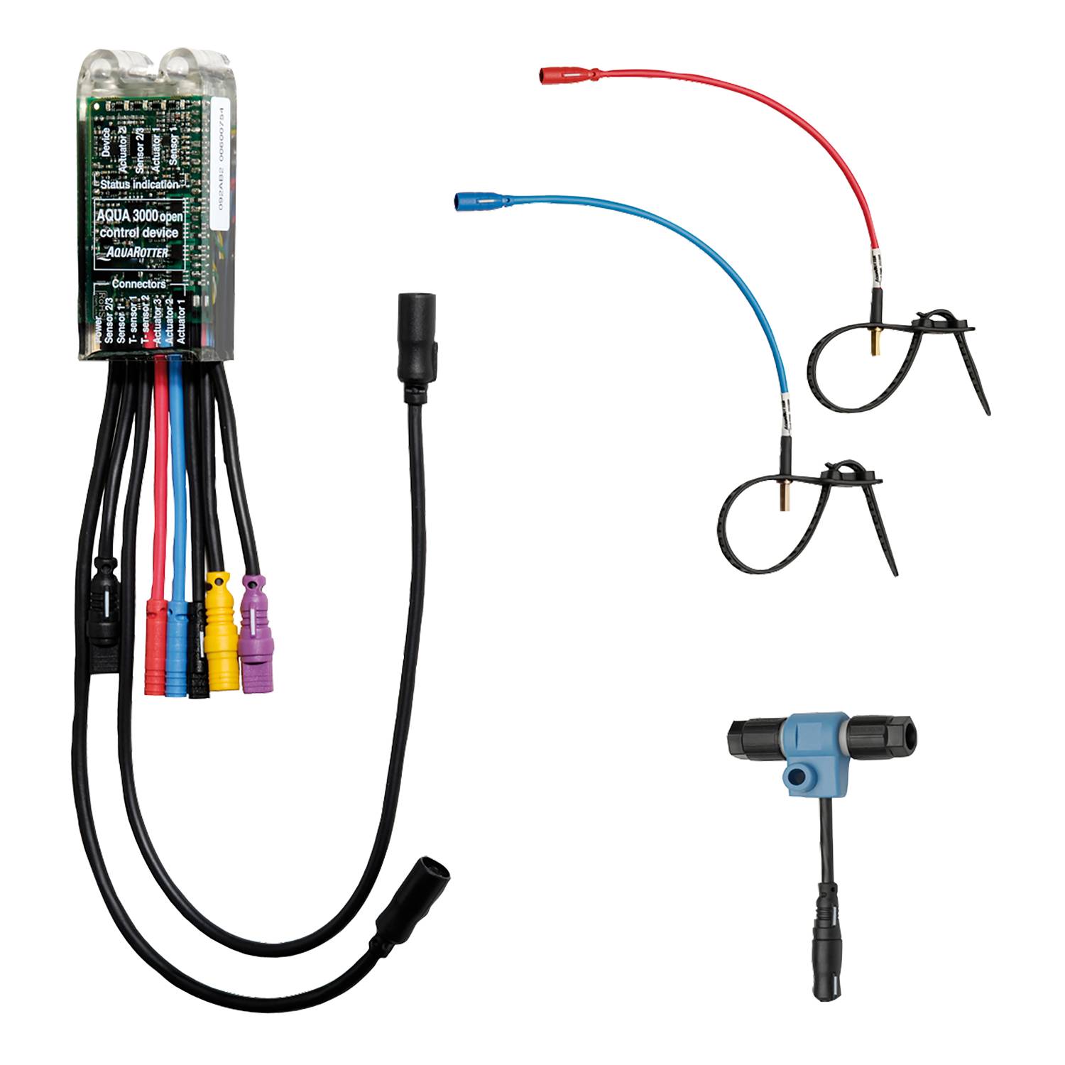 Ein Kabelbaum mit farbcodierten Kabeln und Anschlüssen auf einem schwarzen Hintergrund, einschließlich eines Adapters mit mehreren farbigen Kabeln und zwei gebogenen Leitungen.