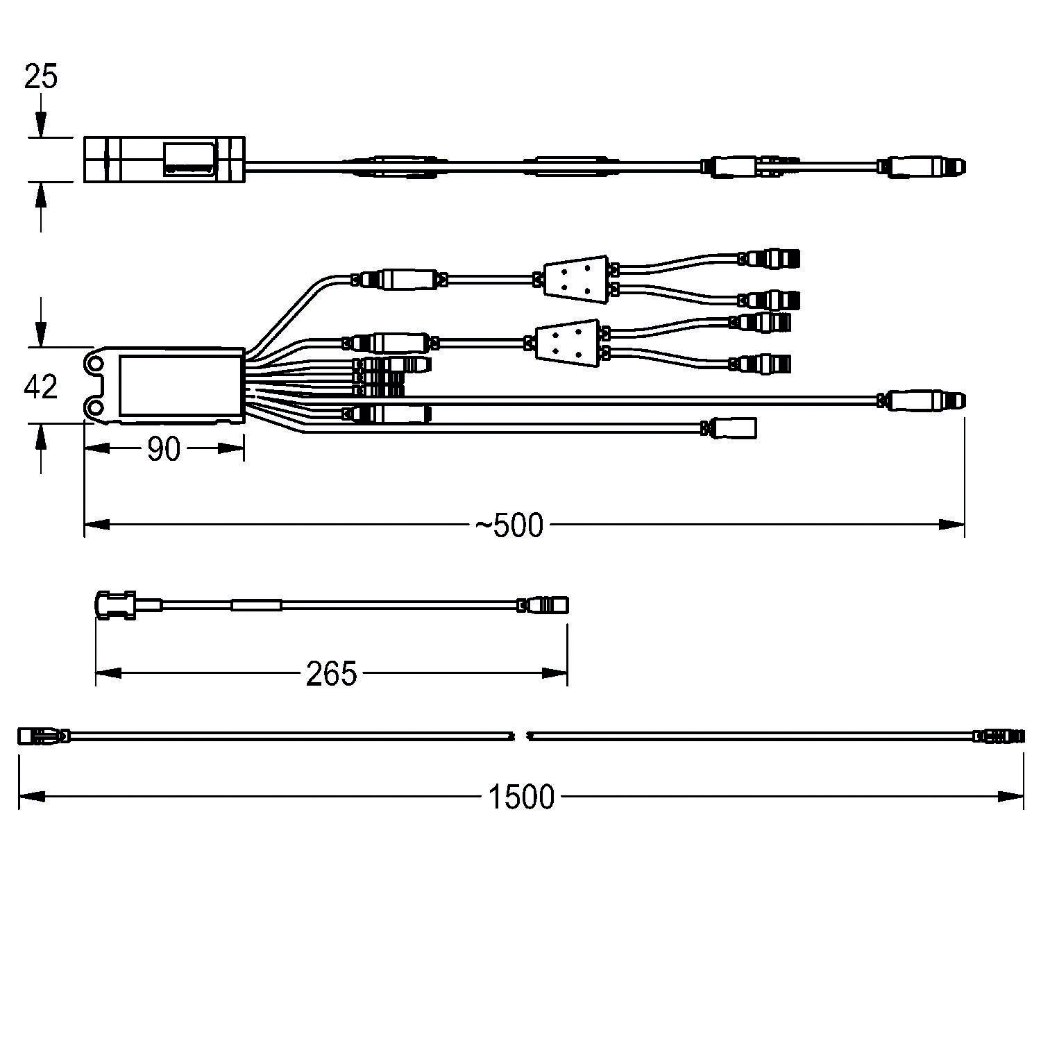 Technische Schemazeichnung eines elektronischen Moduls mit Abmessungen: rechteckige Box 90x42 mm, Kabel 500 mm und 1500 mm lang.
