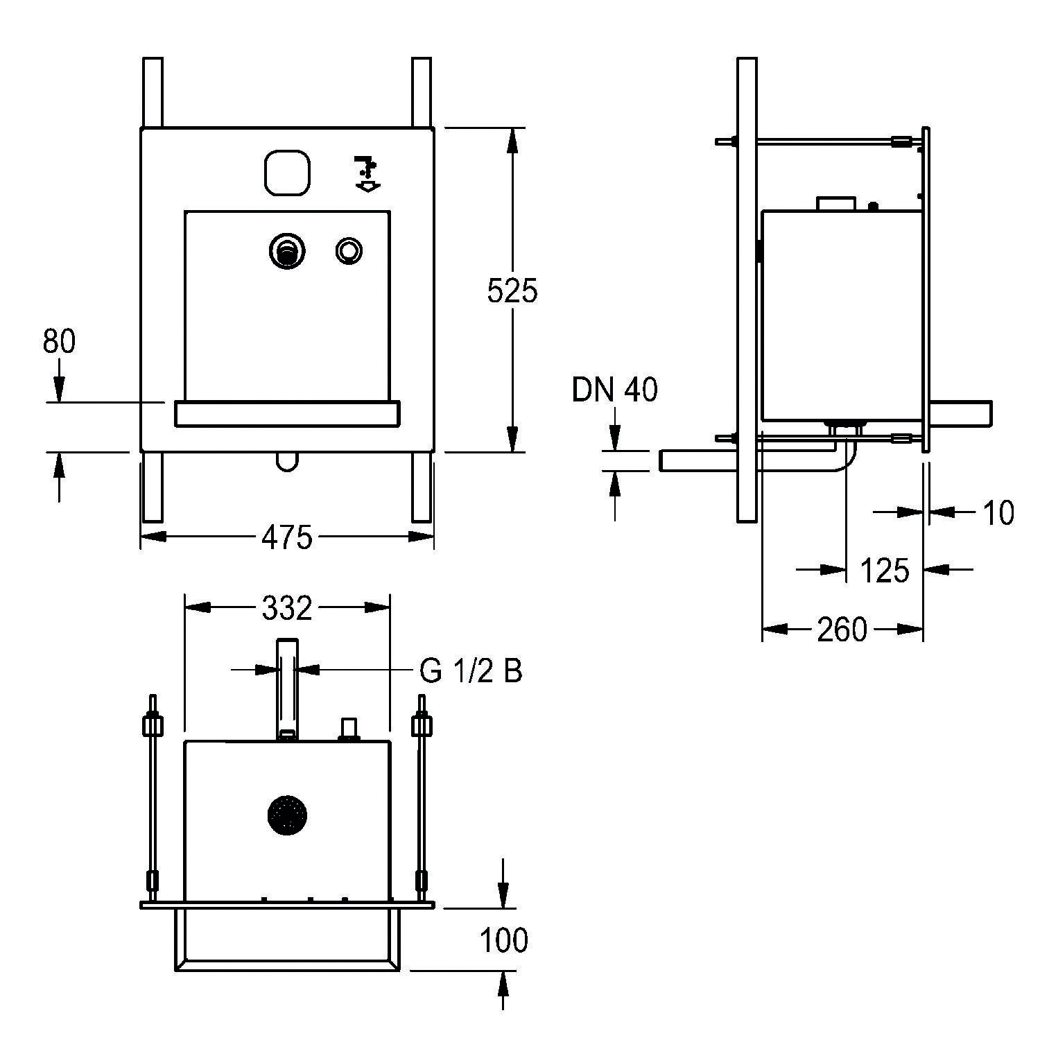 Diagramm einer Wandwaschbeckeninstallation mit Maßen: Höhe 525 mm, Breite 475 mm, Tiefe 260 mm, Ablaufgröße DN 40.